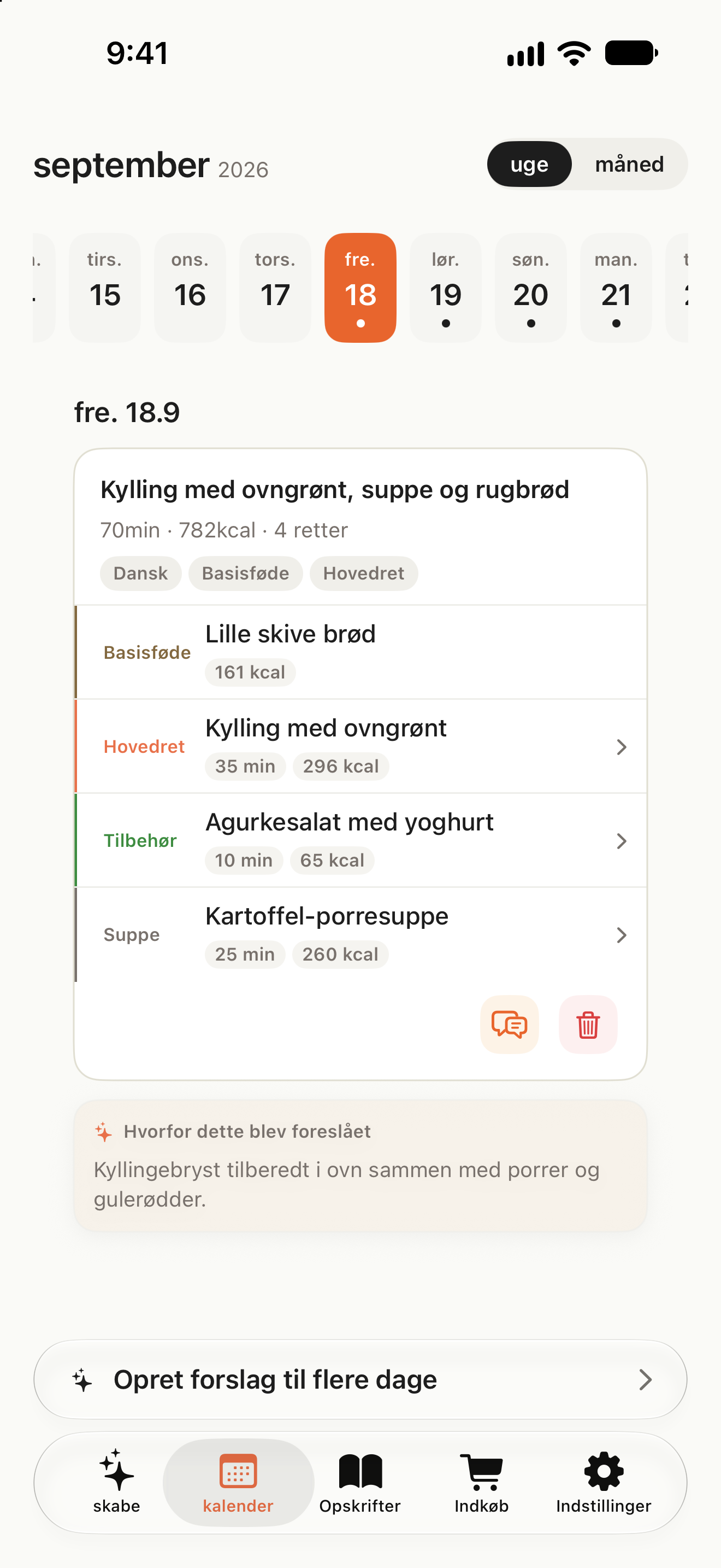 Kalender med måltider efter dato og en knap til at planlægge flere dages aftensmad