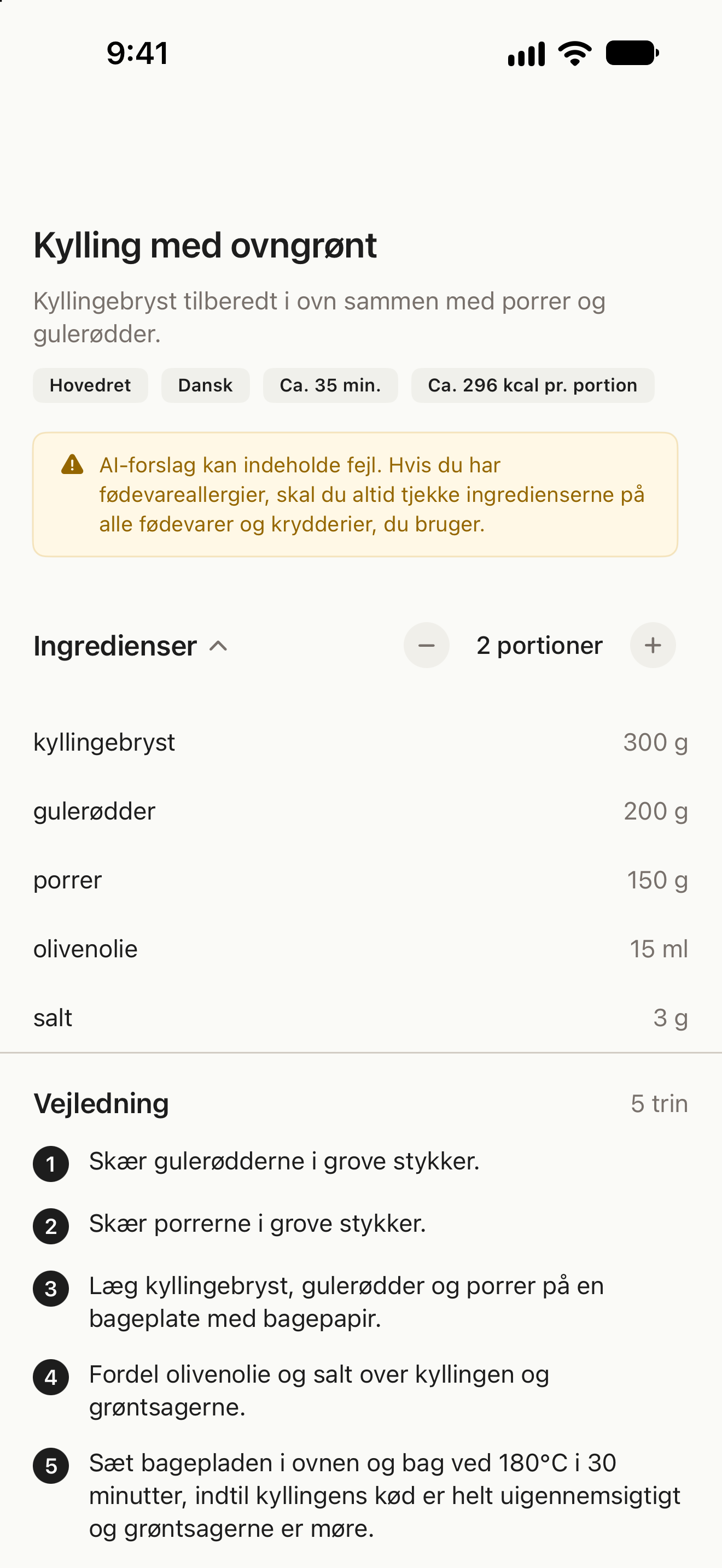 Opskrift med ingredienser, portionsjustering og fremgangsmåde