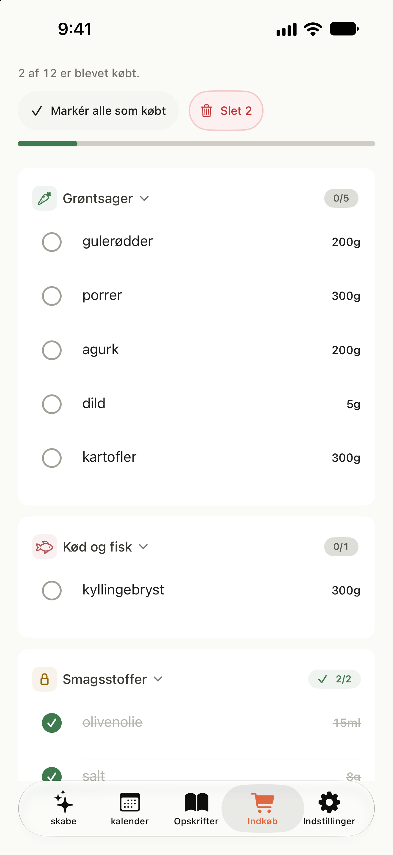 Indkøbsliste med ingredienser i kategorier og flueben ved købte varer