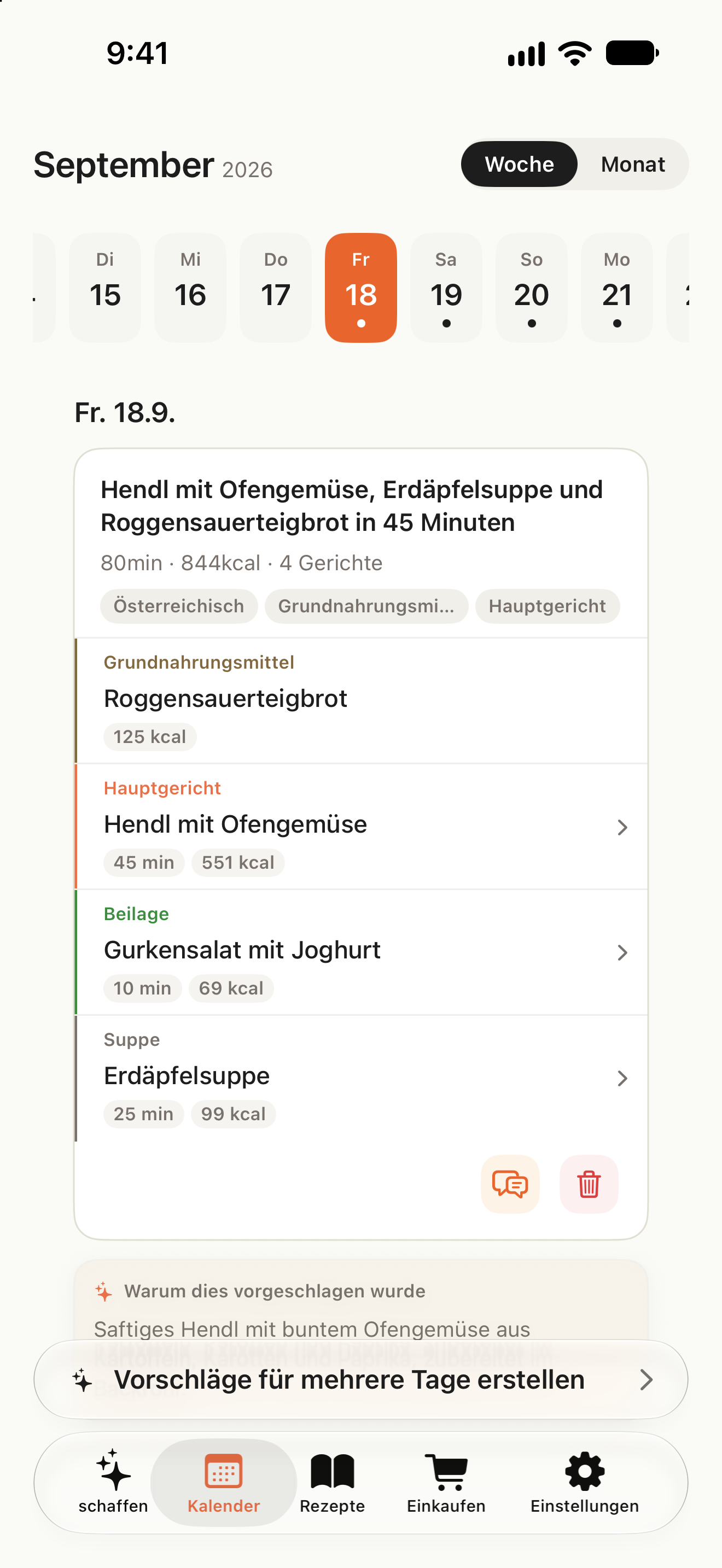 Kalender mit Mahlzeiten nach Datum und einer Schaltfläche zum Planen mehrerer Tage
