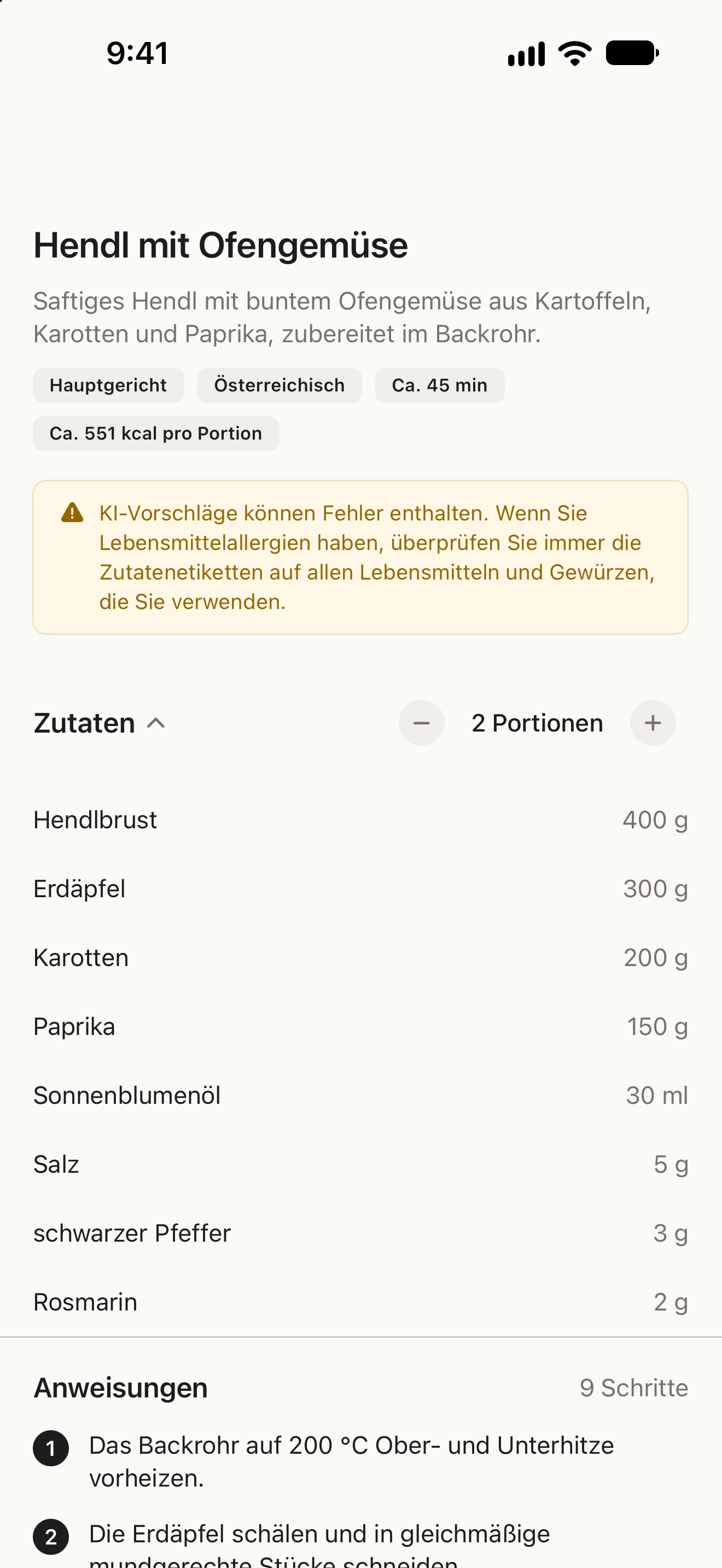 Rezept mit Zutaten, Portionsanpassung und Zubereitung