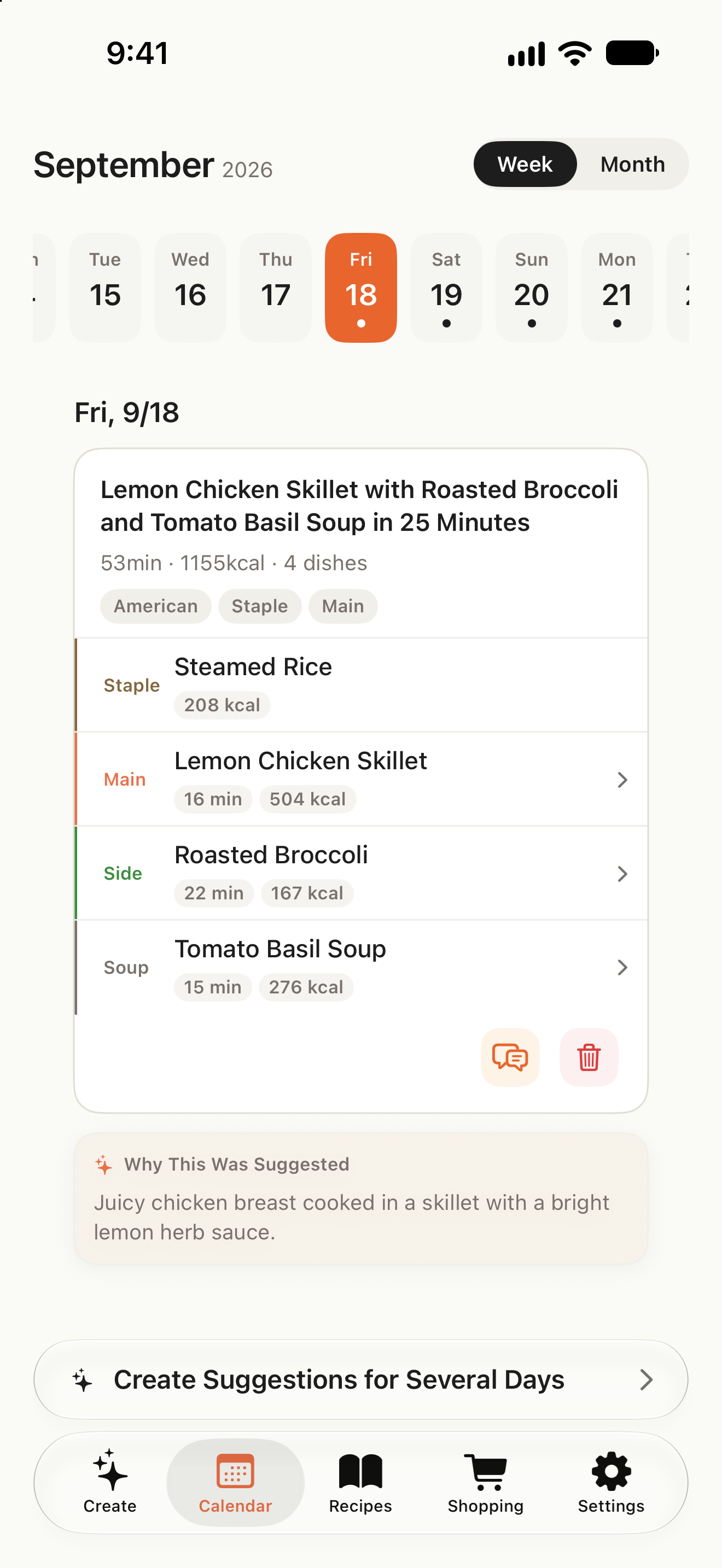 Calendar with daily meal plans and a button to plan meals for several days