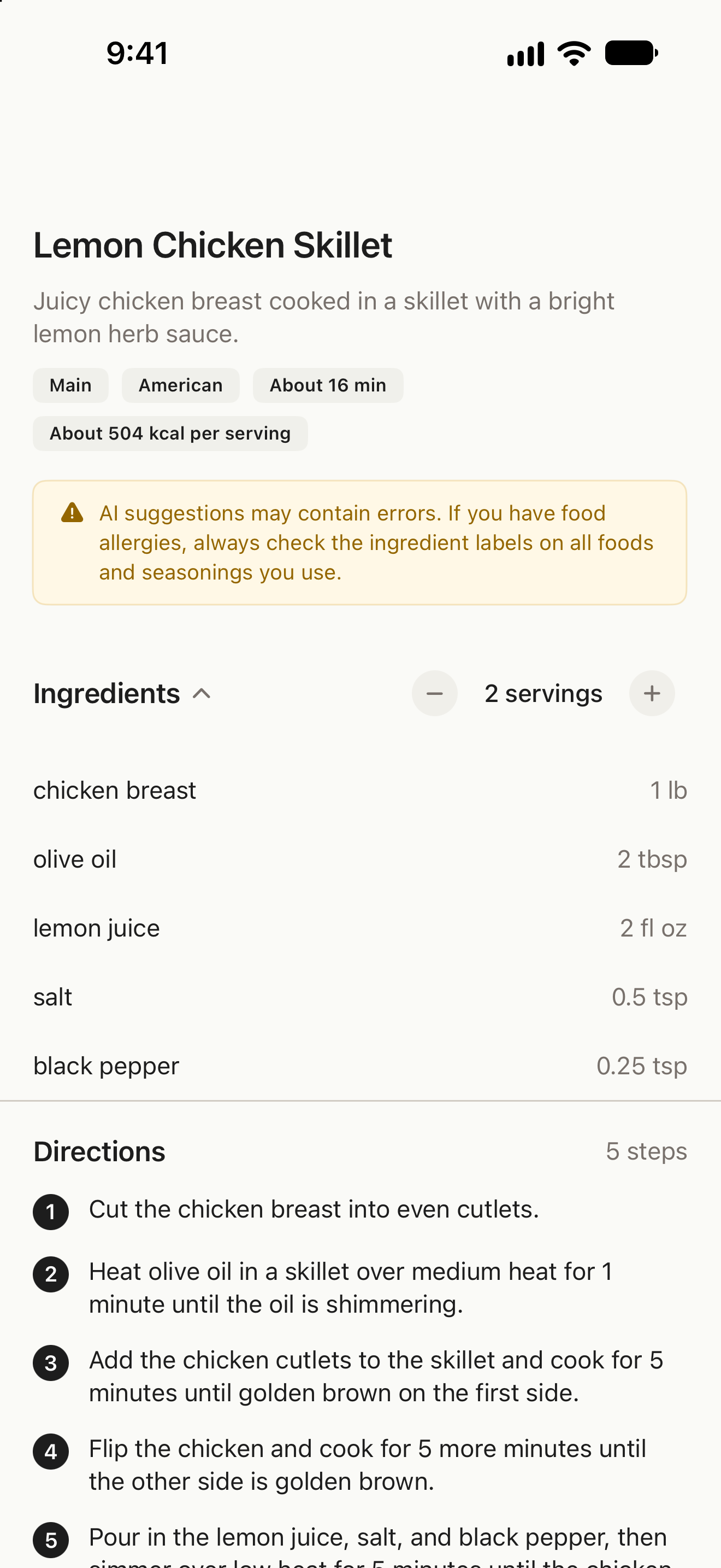 Recipe screen with ingredients, serving adjustments, and cooking instructions