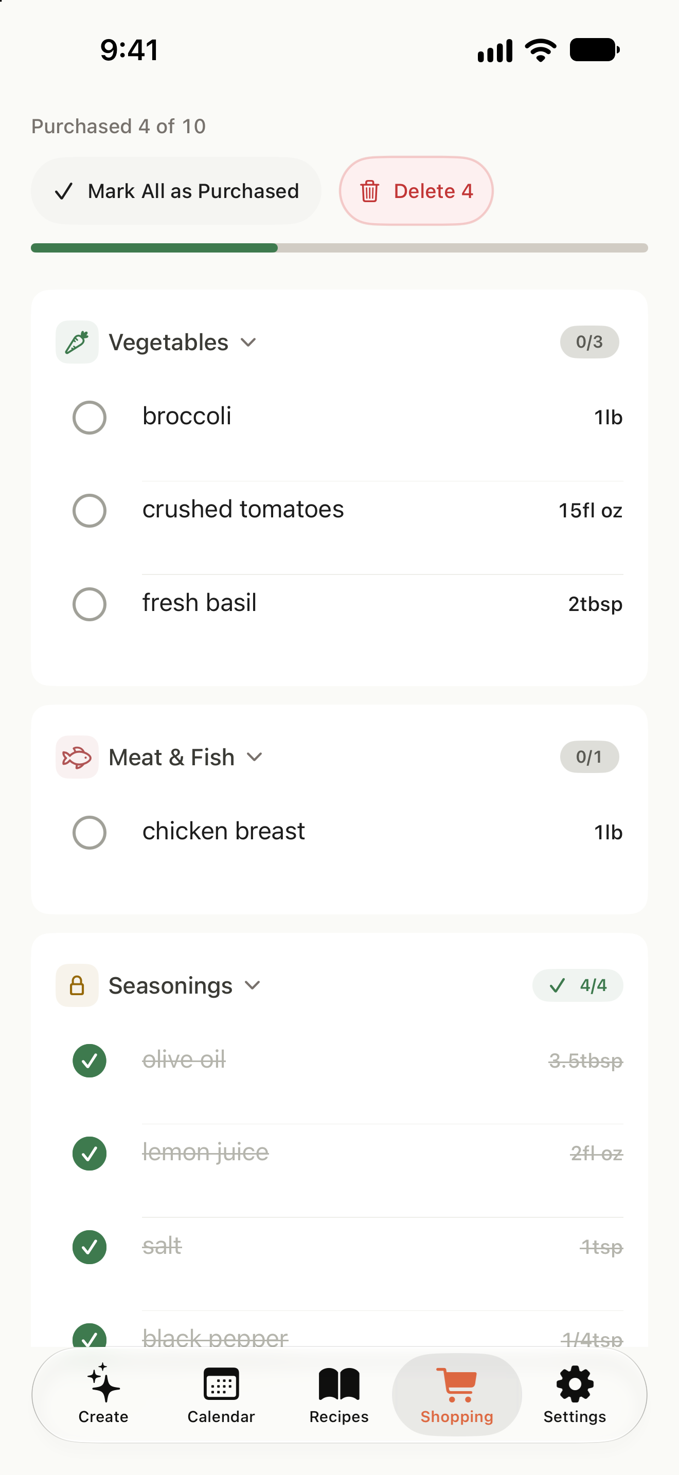 Shopping list organized by category, with purchased ingredients checked off