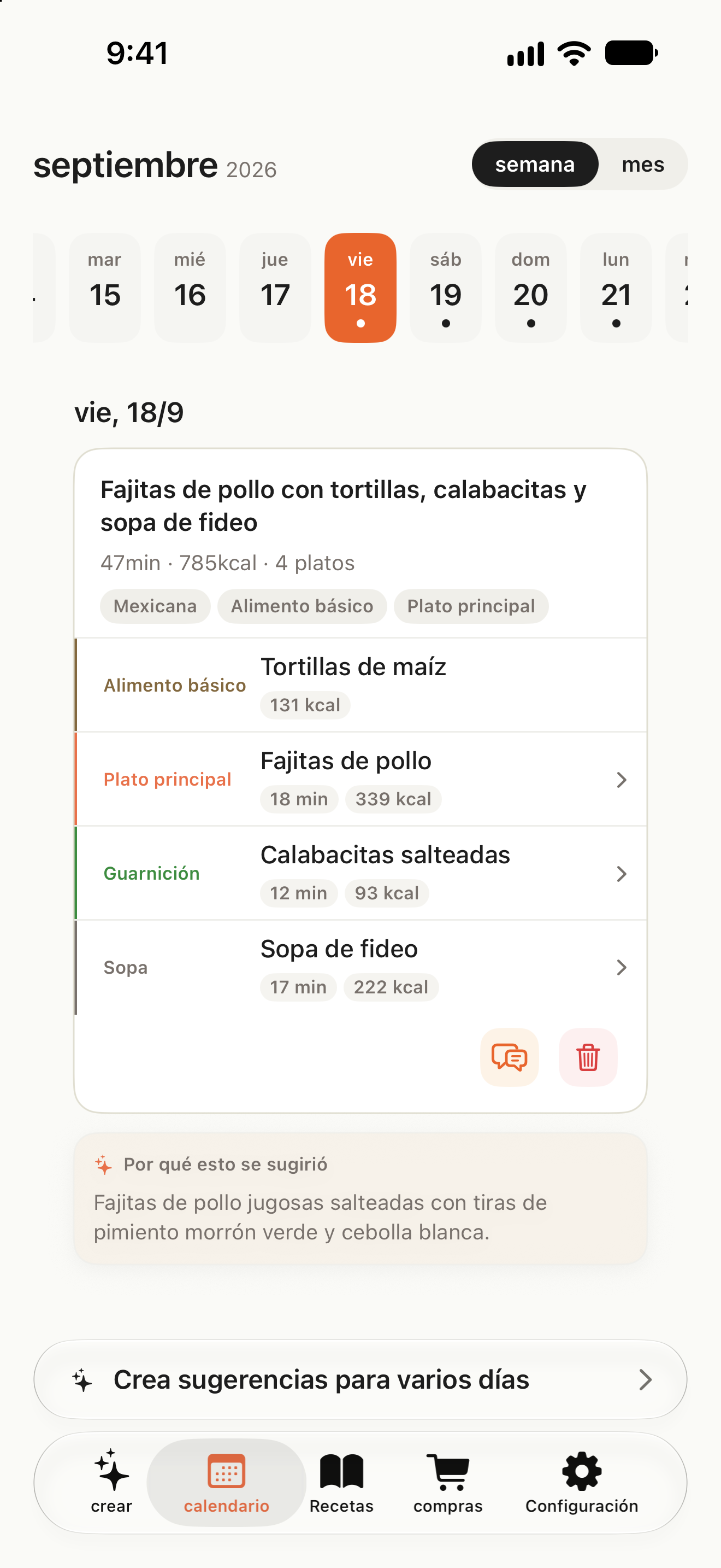 Calendario con menús por fecha y un botón para crear menús de varios días