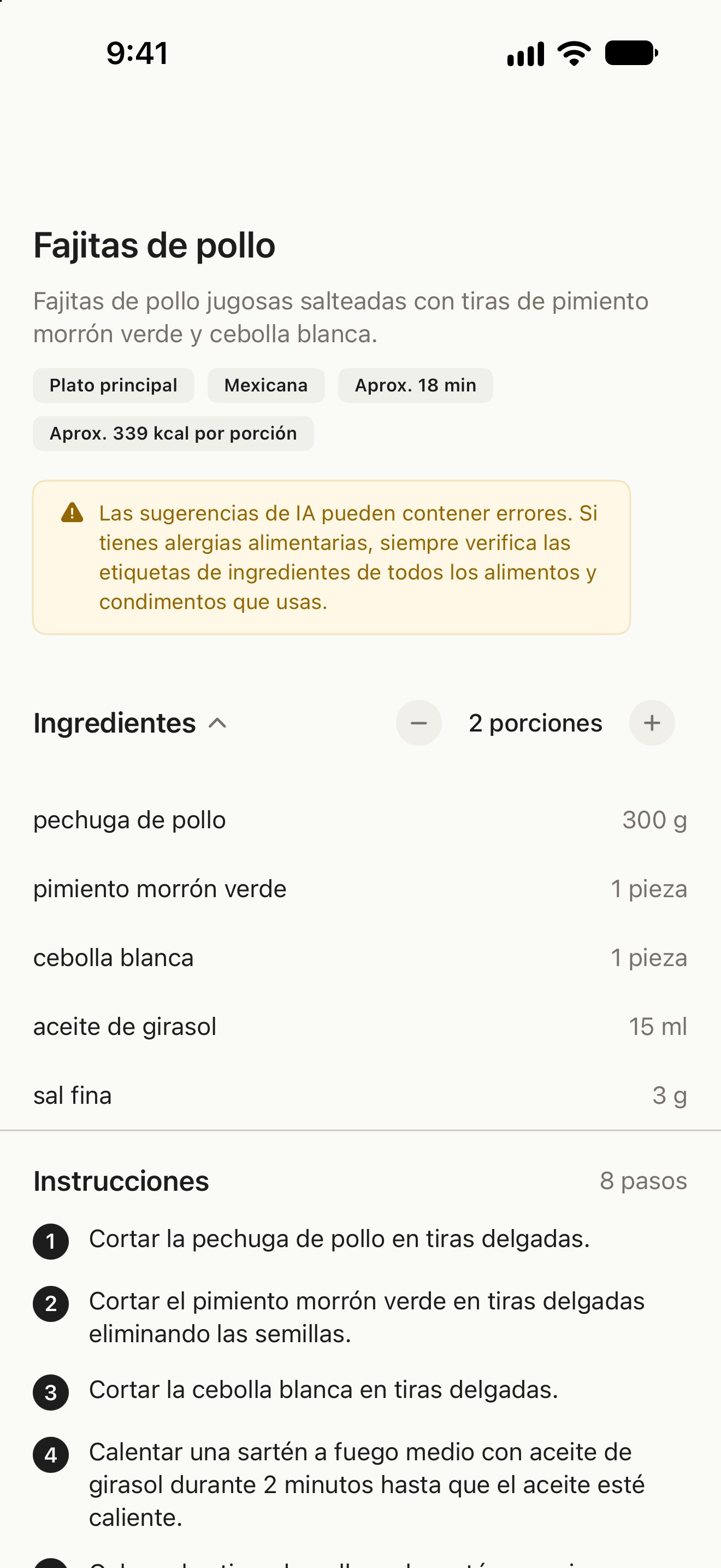 Receta con ingredientes, ajuste de porciones y pasos de preparación