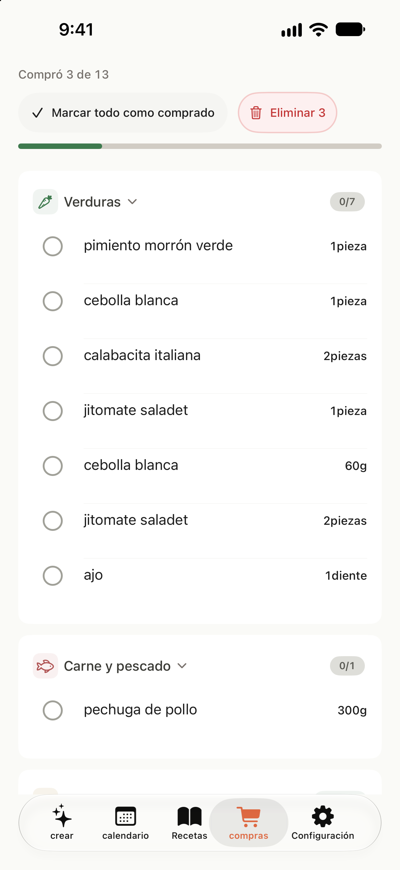 Lista de compras con ingredientes organizados por categoría y productos comprados marcados