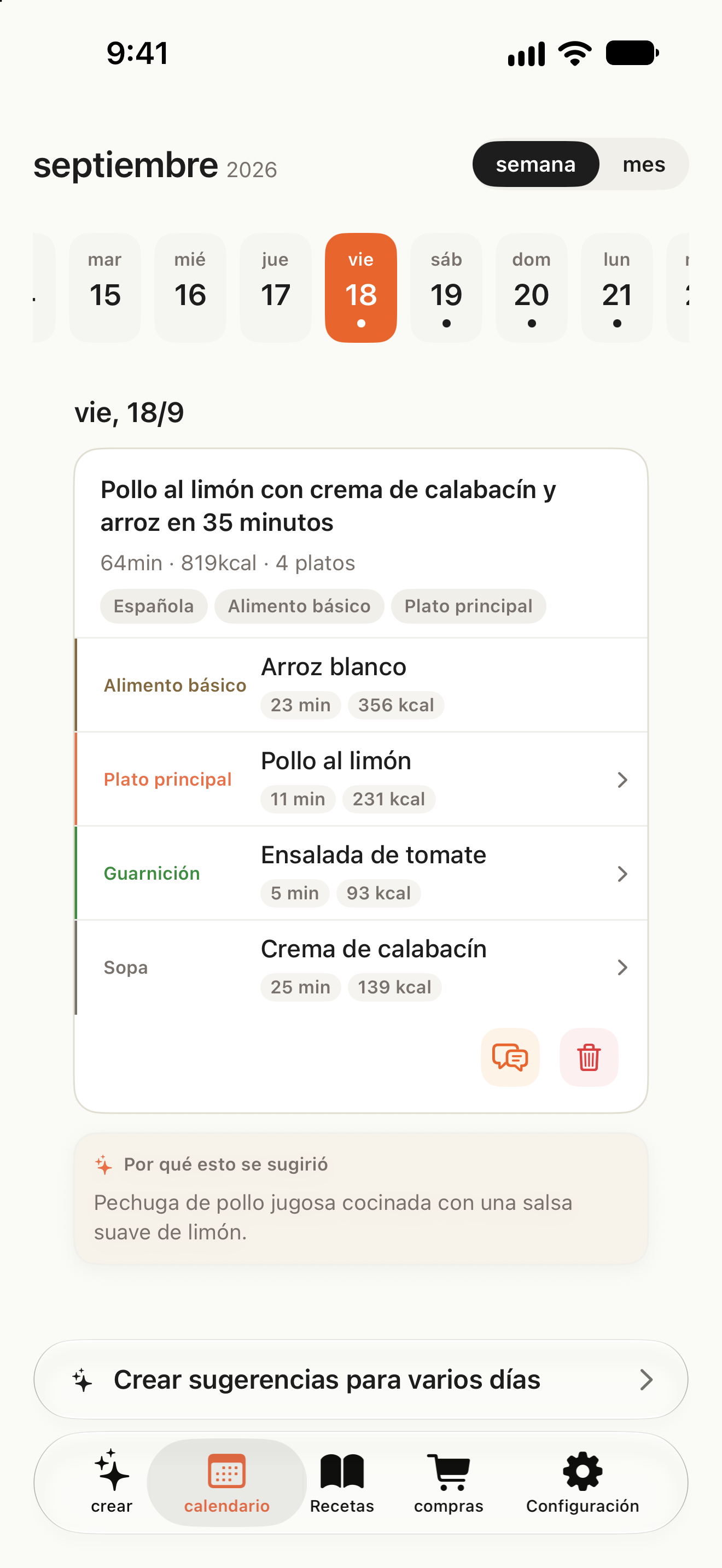 Calendario con menús por fecha y un botón para crear menús de varios días