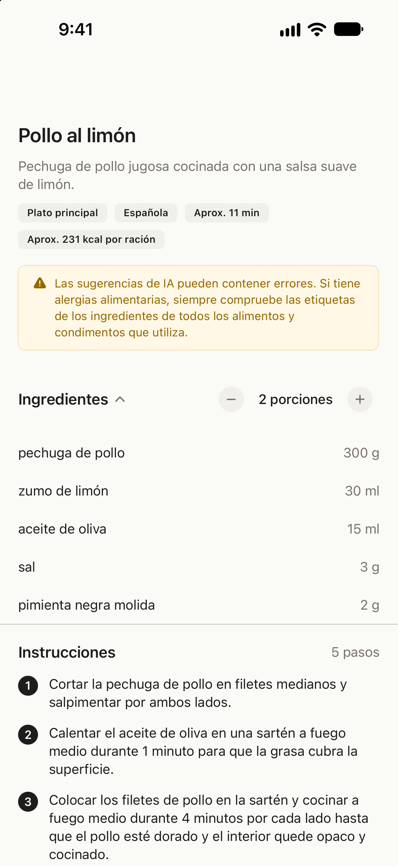 Receta con ingredientes, ajuste de porciones y pasos de preparación