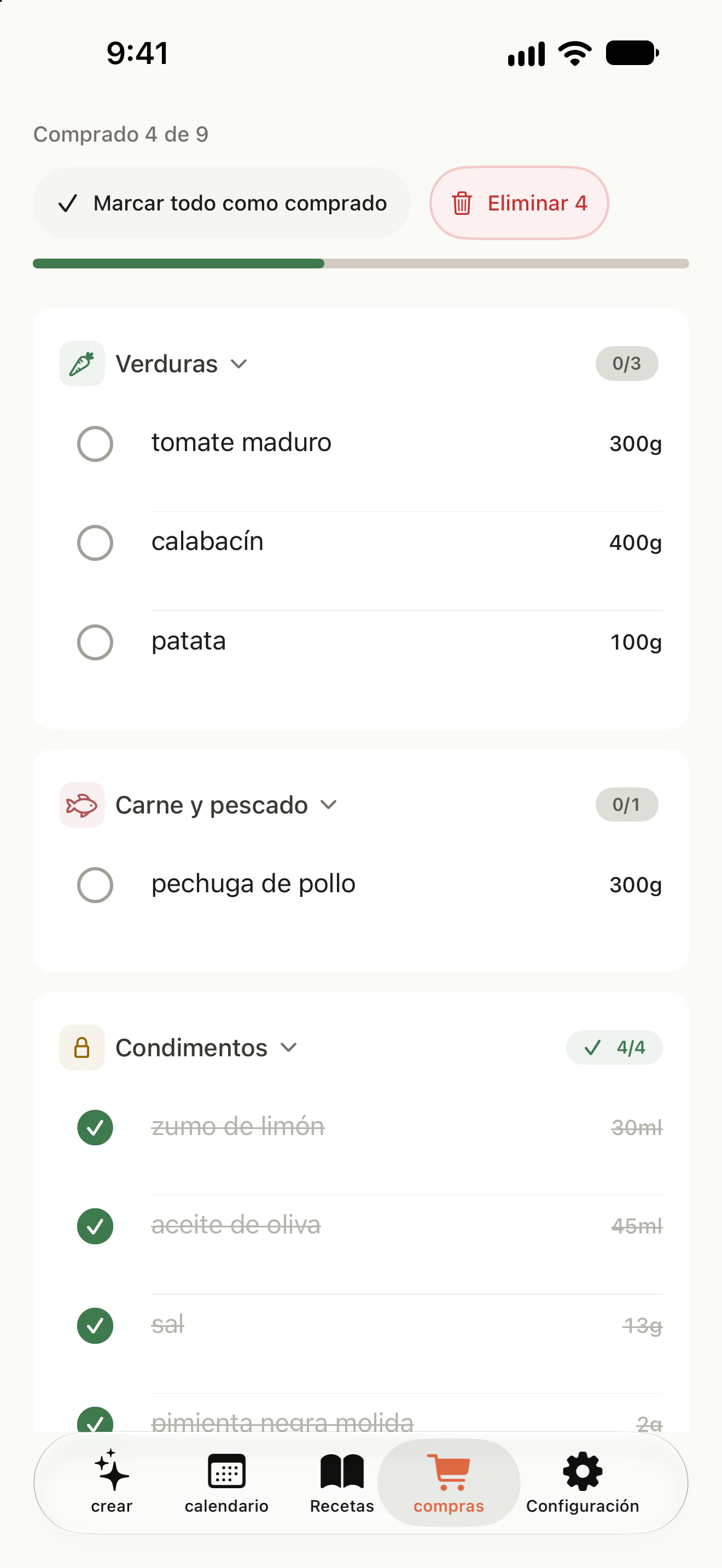 Lista de compras con ingredientes organizados por categoría y productos comprados marcados