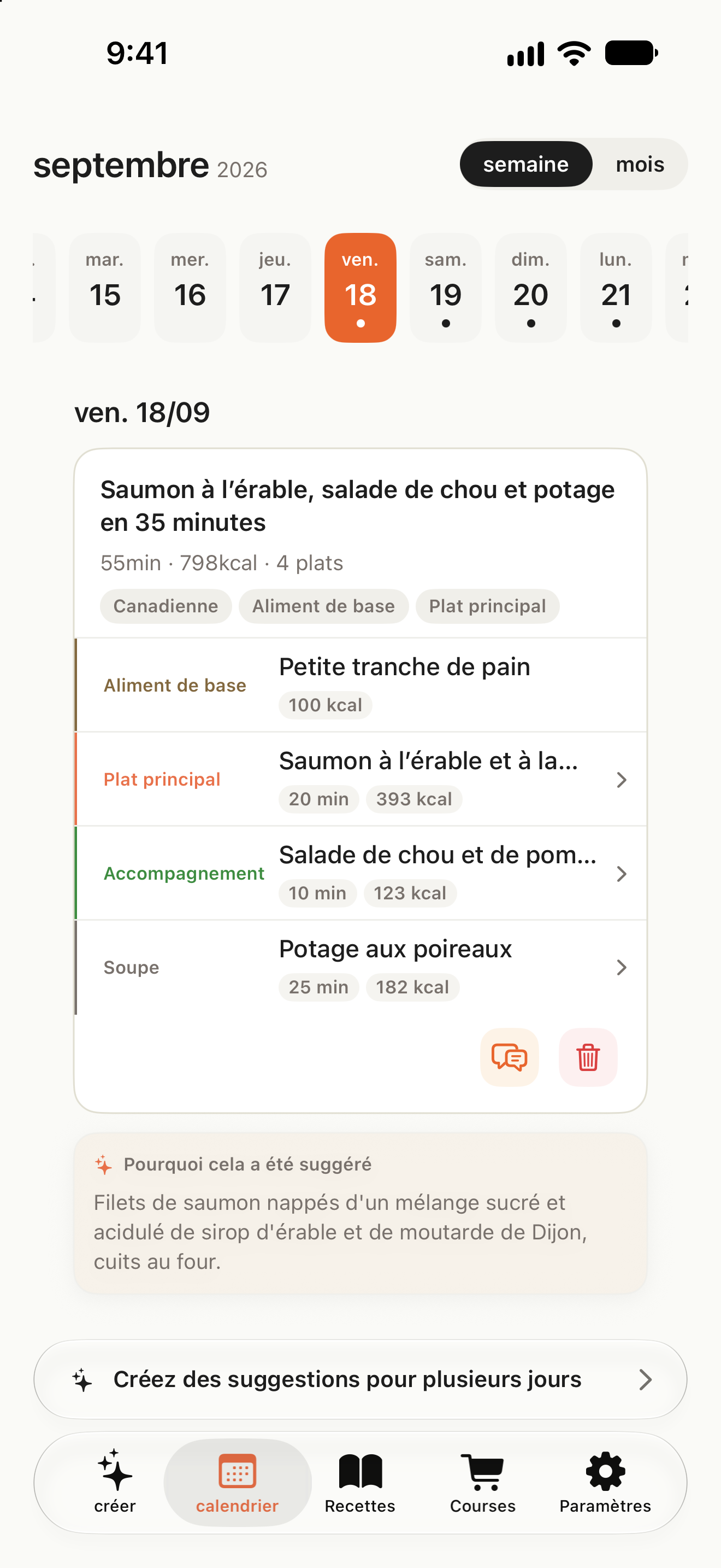 Calendrier présentant les repas par date et un bouton pour planifier plusieurs jours