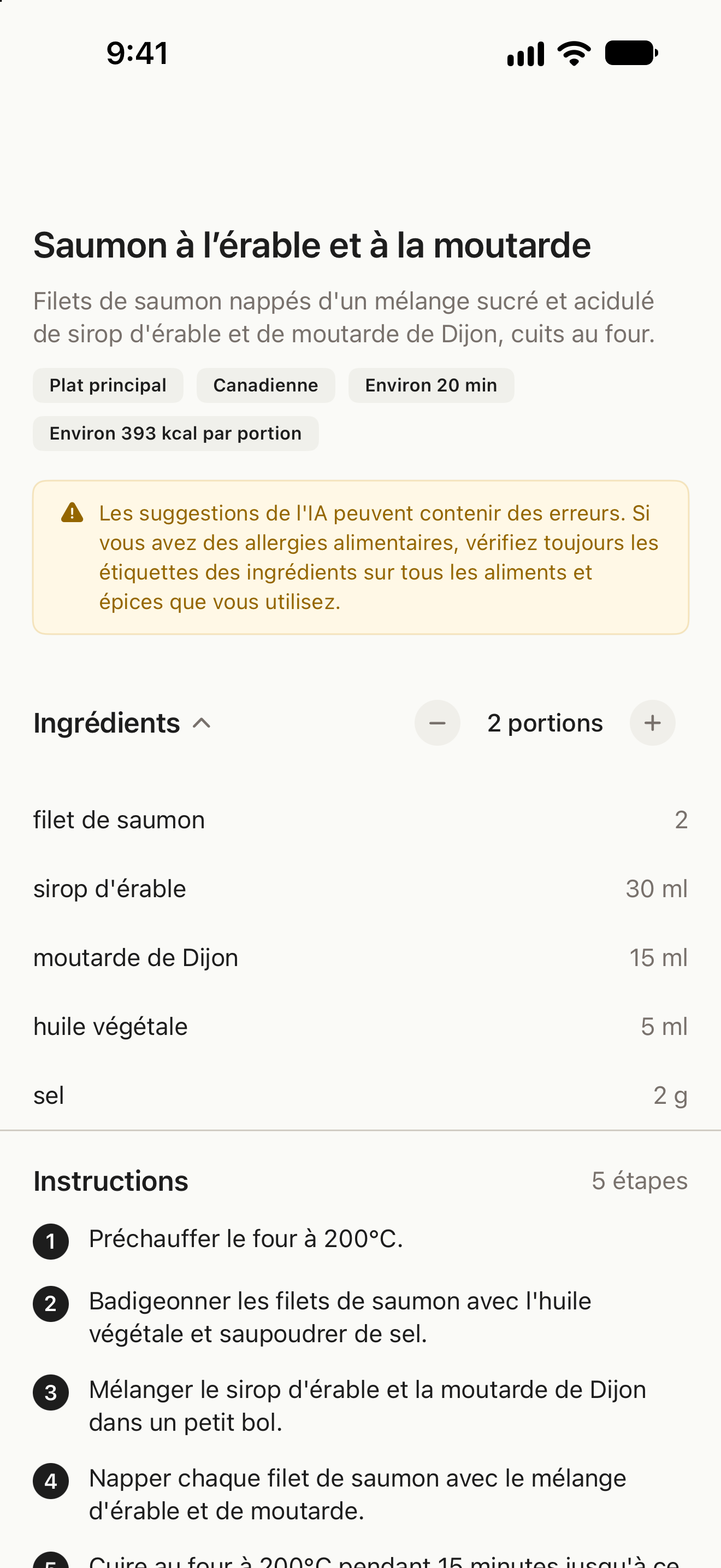 Recette avec ingrédients, réglage des portions et préparation