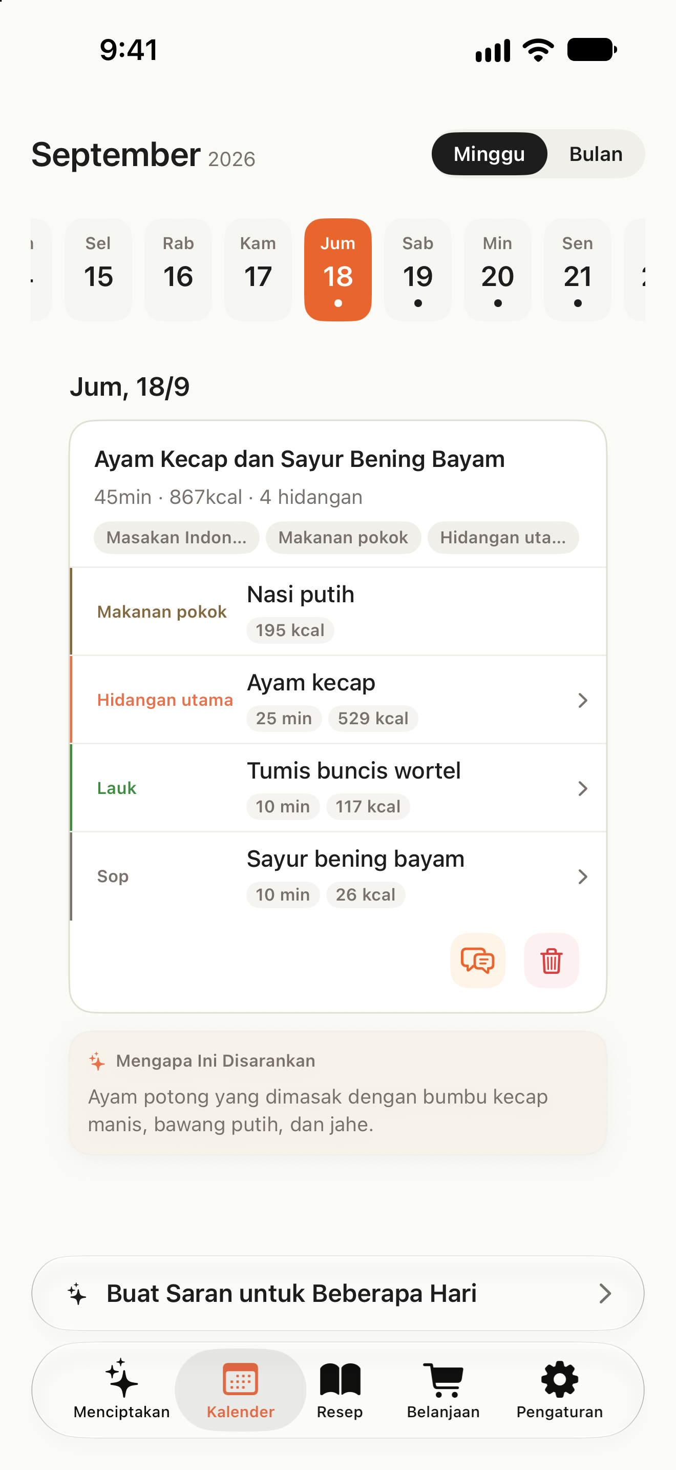 Kalender dengan menu per tanggal dan tombol untuk membuat menu beberapa hari