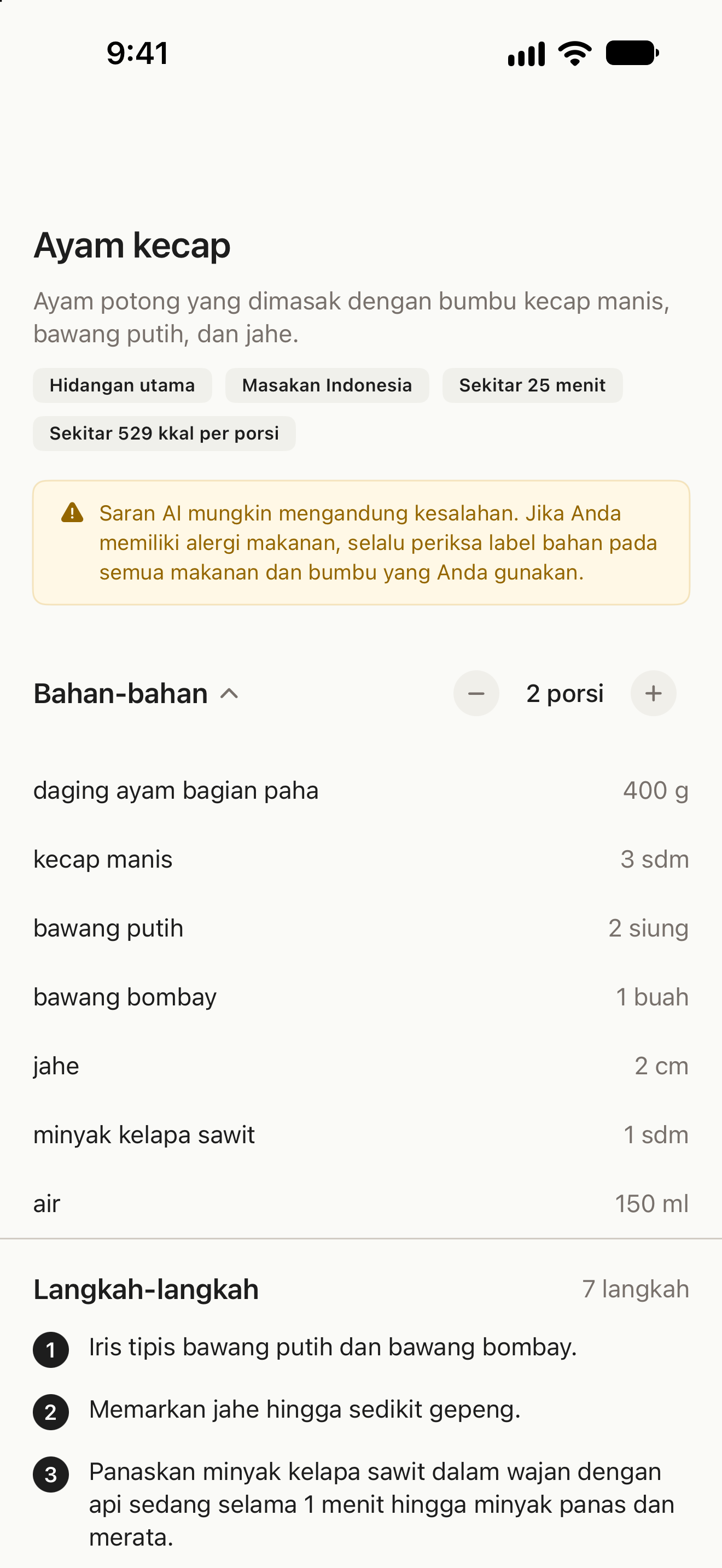 Resep dengan bahan, pengaturan porsi, dan langkah memasak