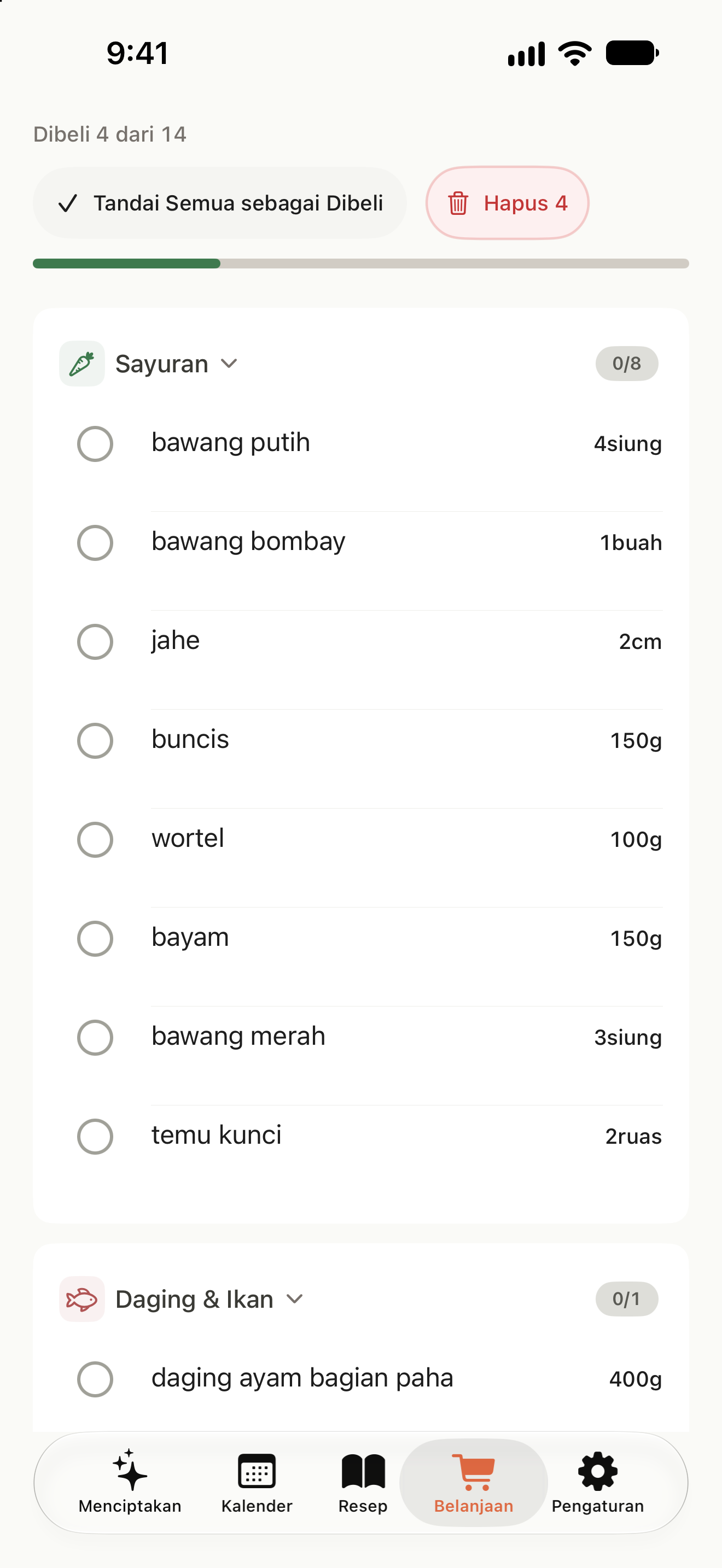 Daftar belanja berdasarkan kategori dengan tanda centang pada bahan yang sudah dibeli