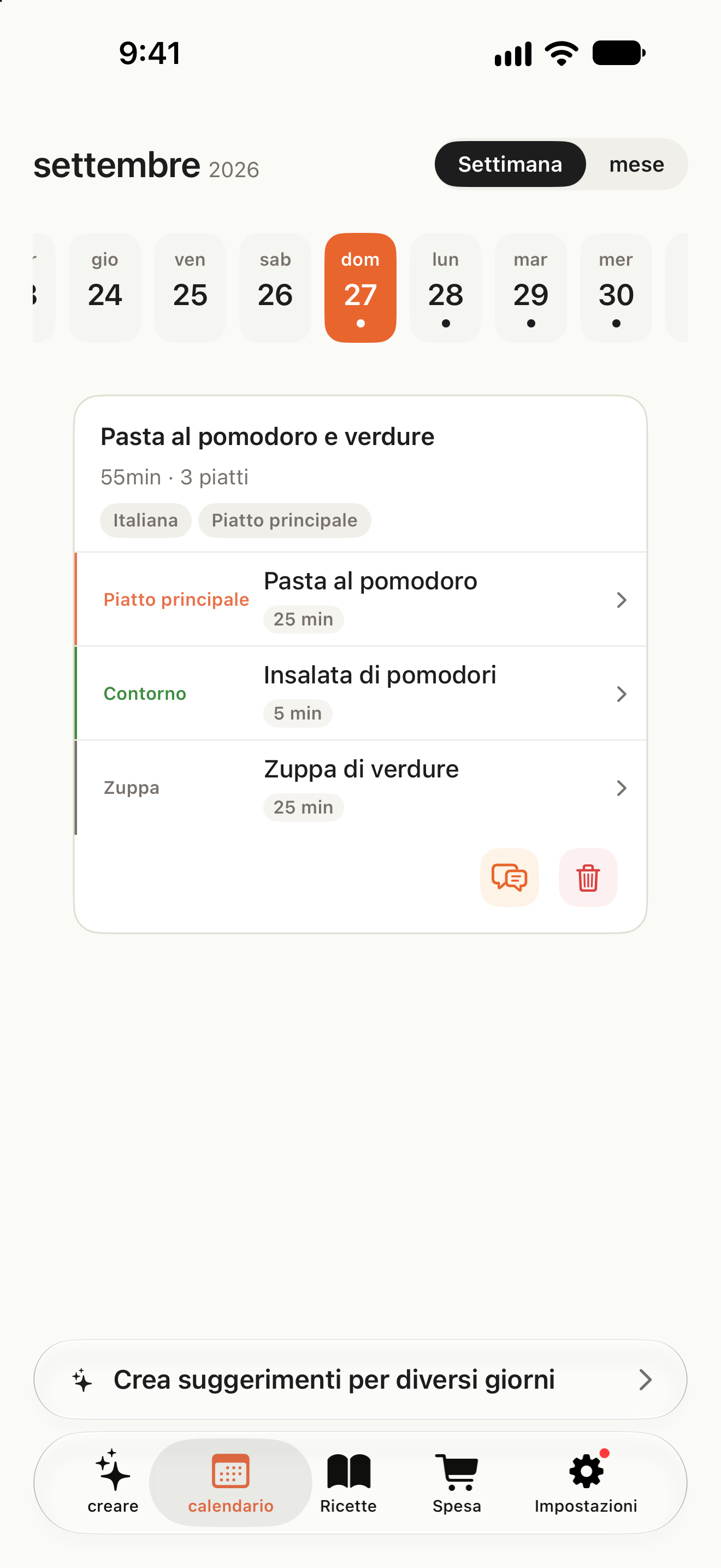 Calendario con pasti suddivisi per data e un pulsante per pianificare più giorni