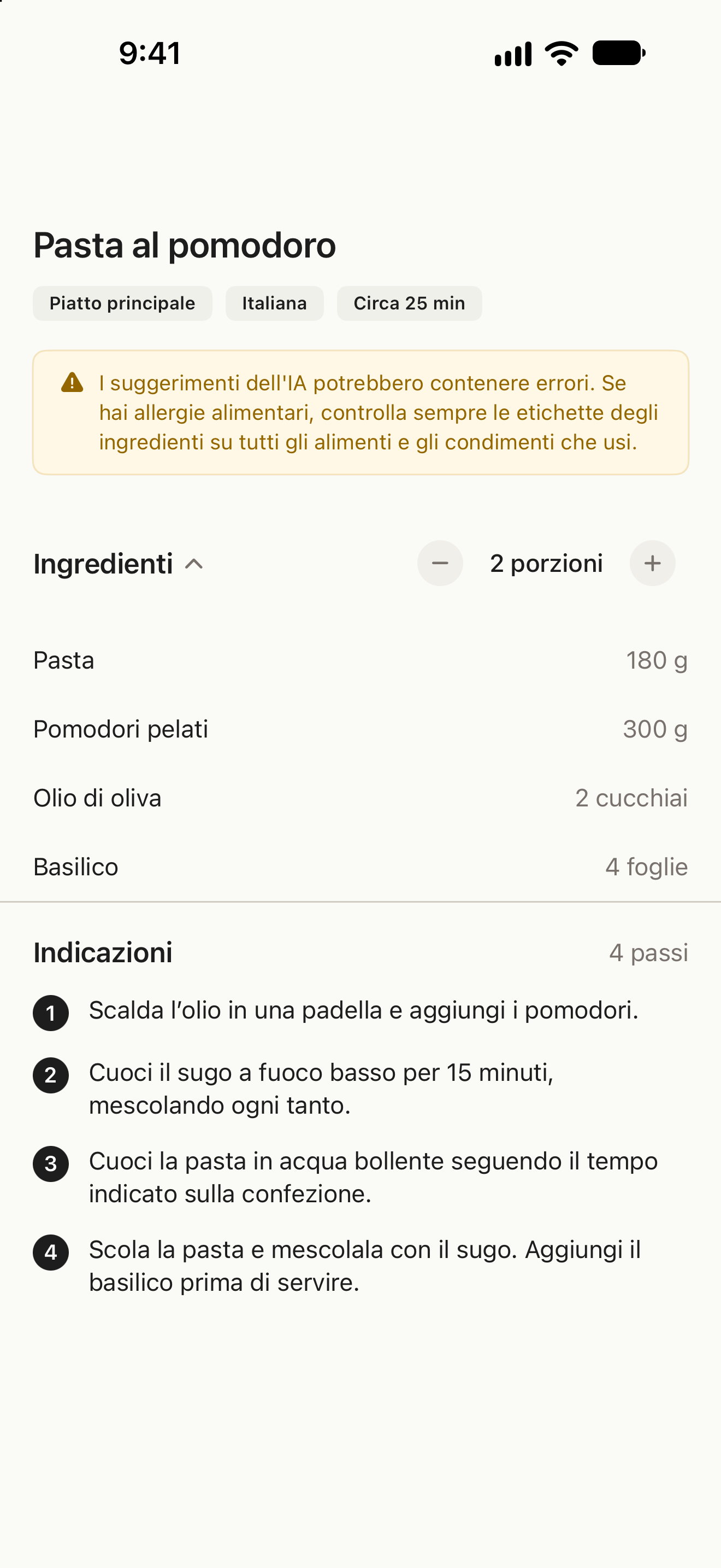 Ricetta con ingredienti, regolazione delle porzioni e preparazione