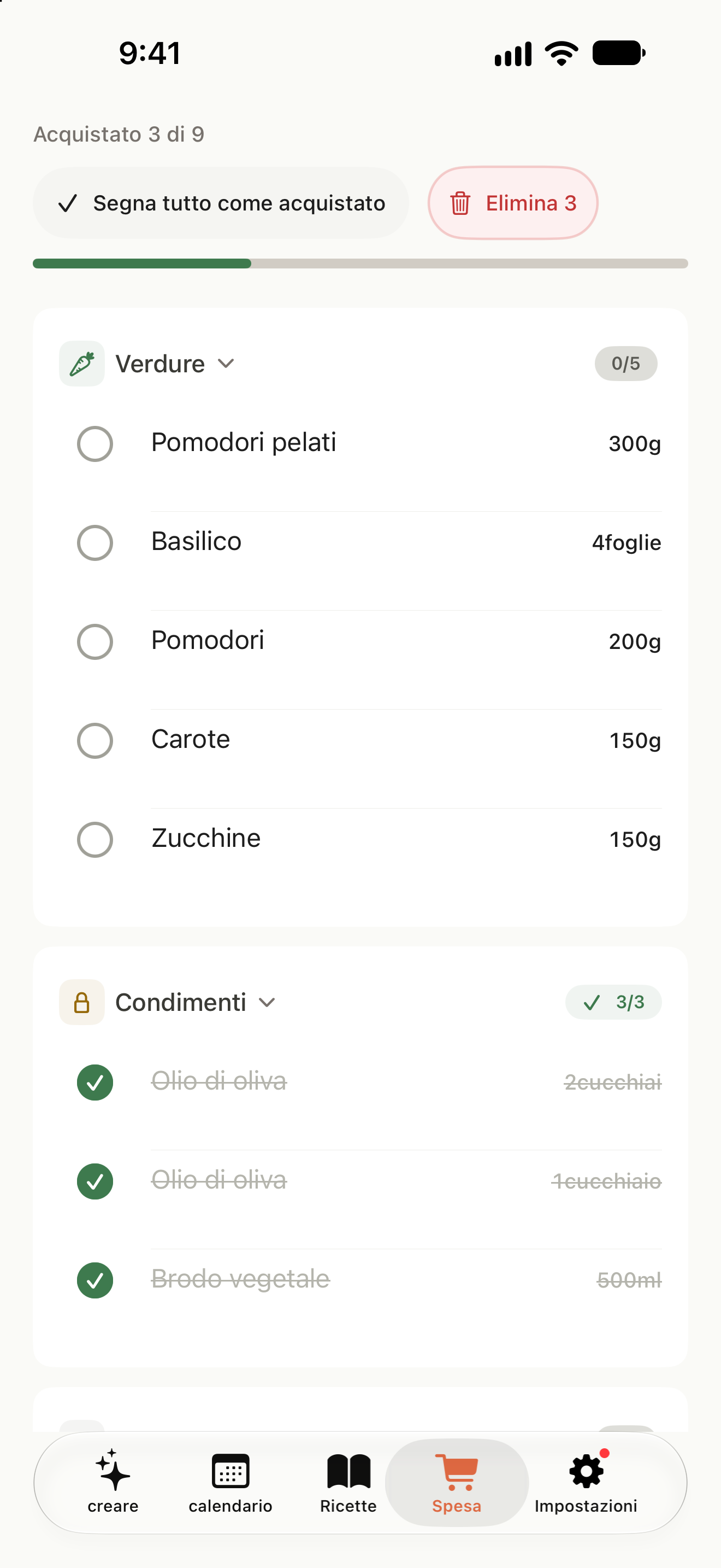 Lista della spesa con ingredienti suddivisi per categoria e prodotti acquistati spuntati