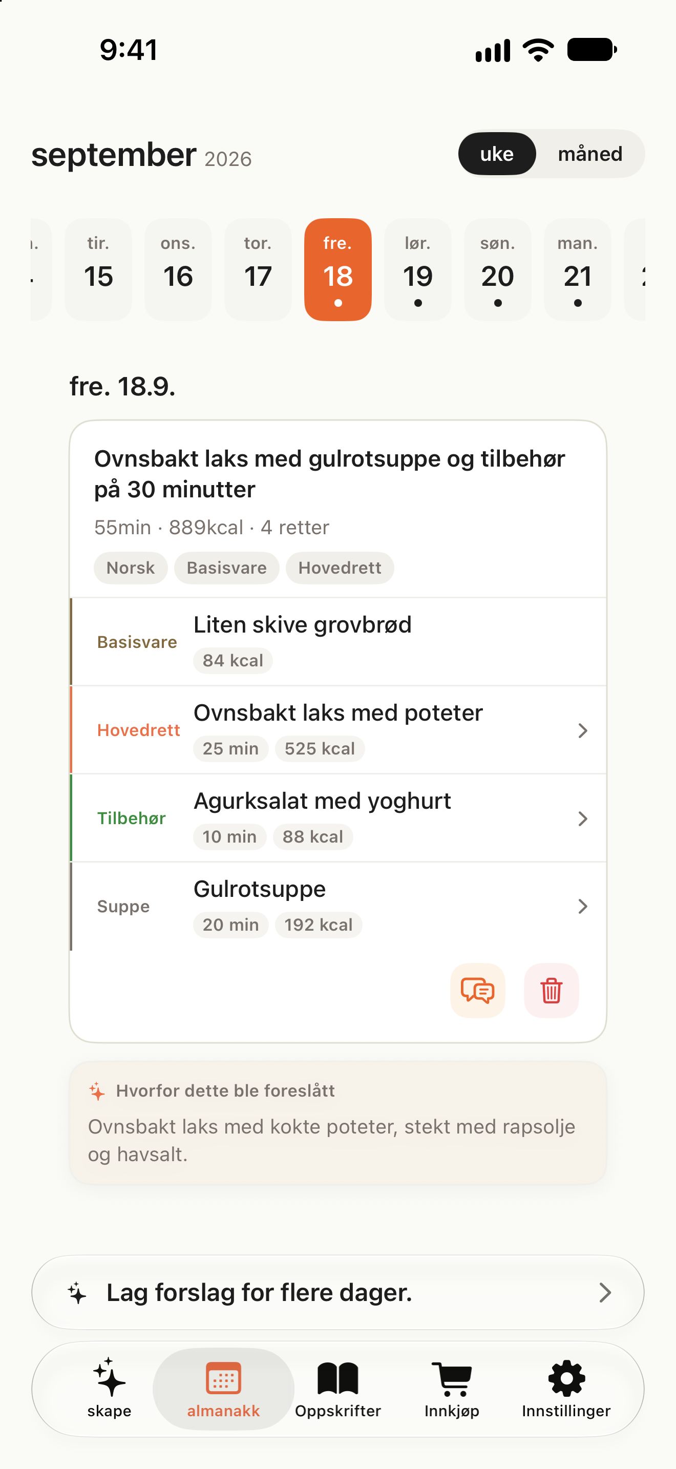 Kalender med måltider for hver dato og en knapp for å planlegge flere dager