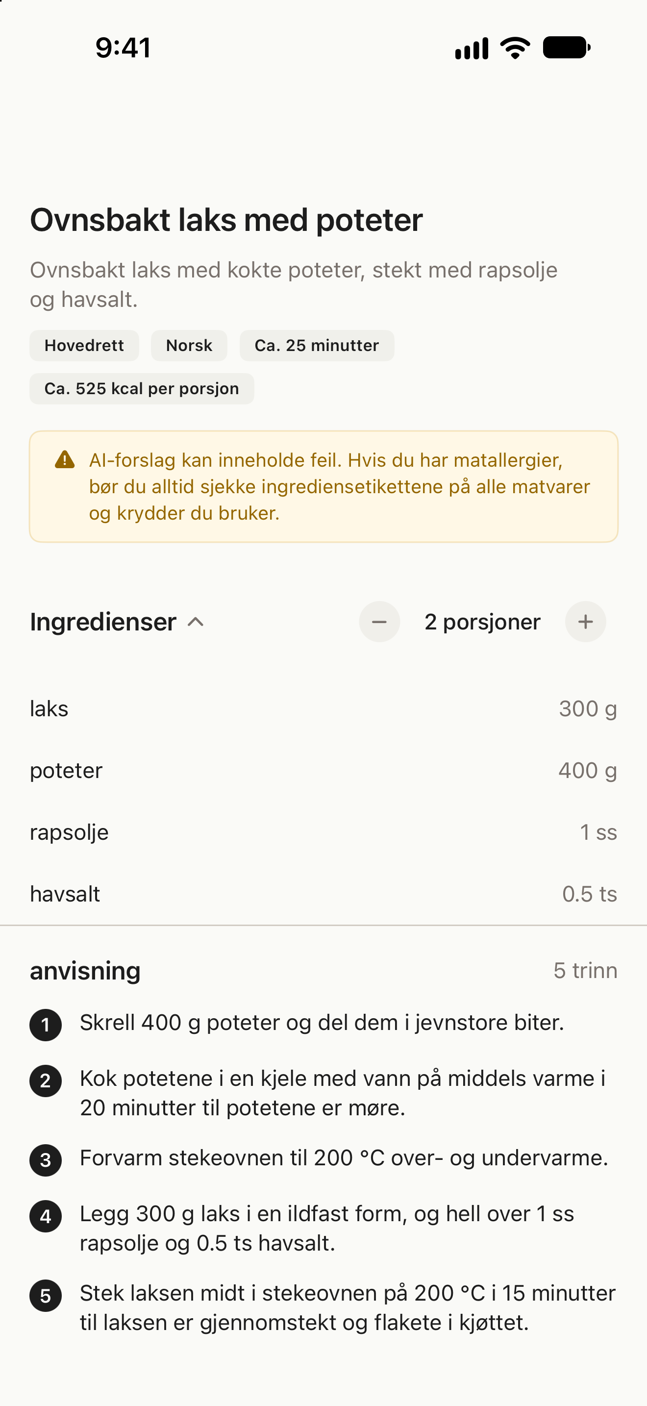 Oppskrift med ingredienser, porsjonsvalg og fremgangsmåte