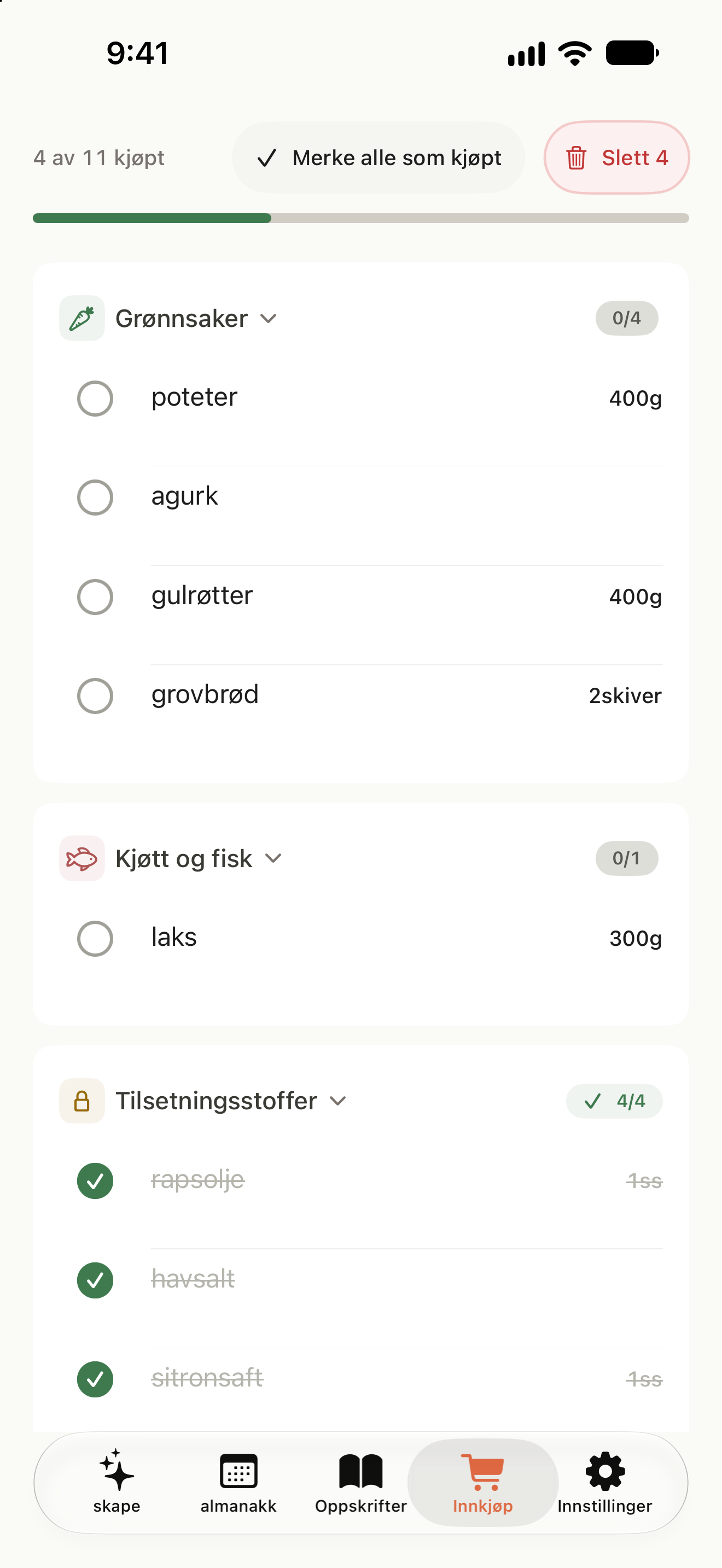Handleliste sortert etter kategori, med avkryssede varer som er kjøpt