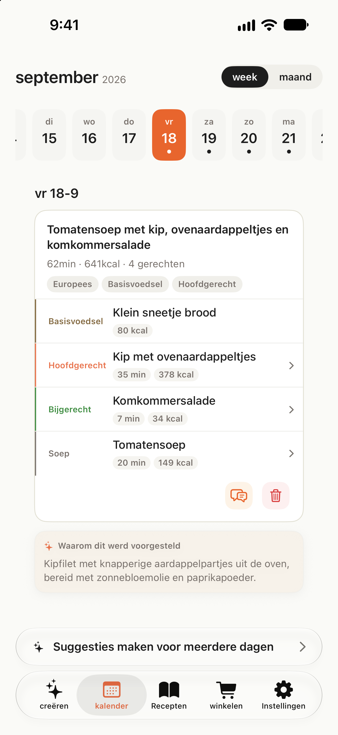 Kalender met maaltijden per datum en een knop om meerdere dagen te plannen