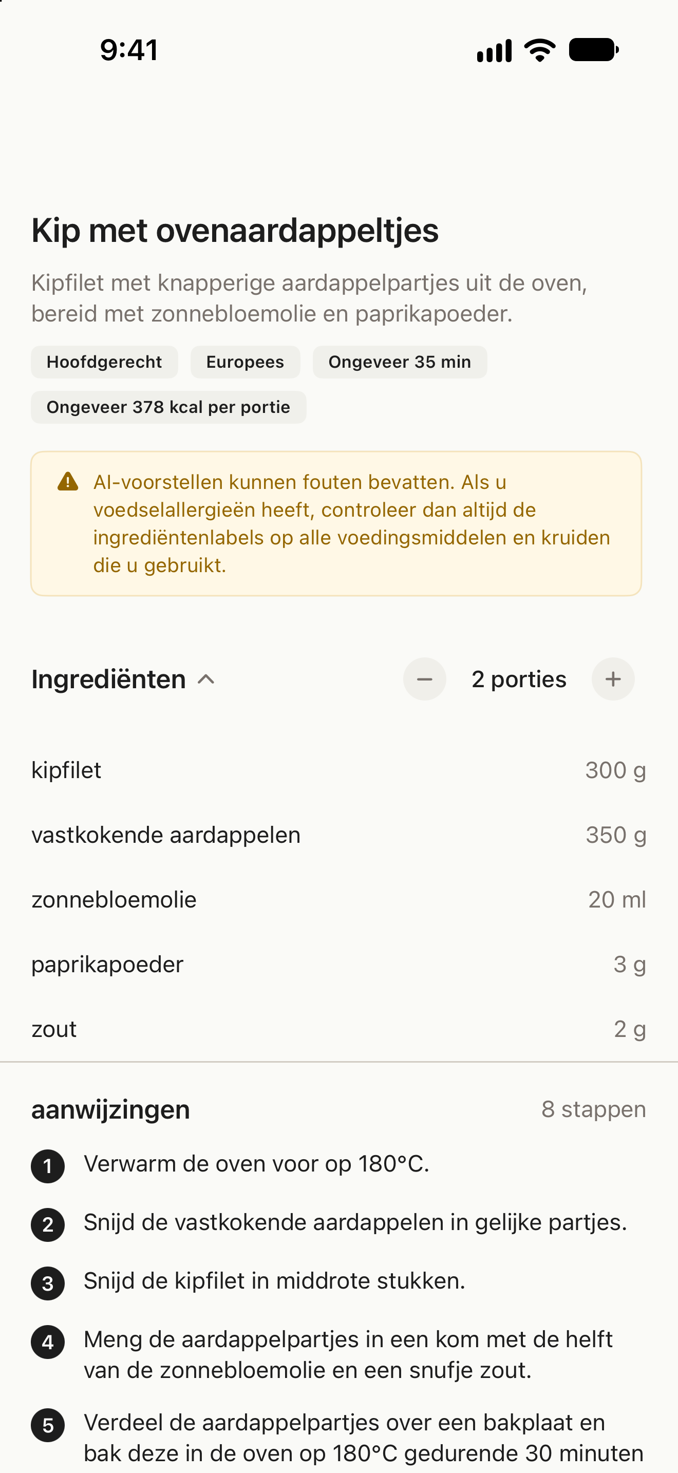 Recept met ingrediënten, portieaanpassing en bereidingswijze