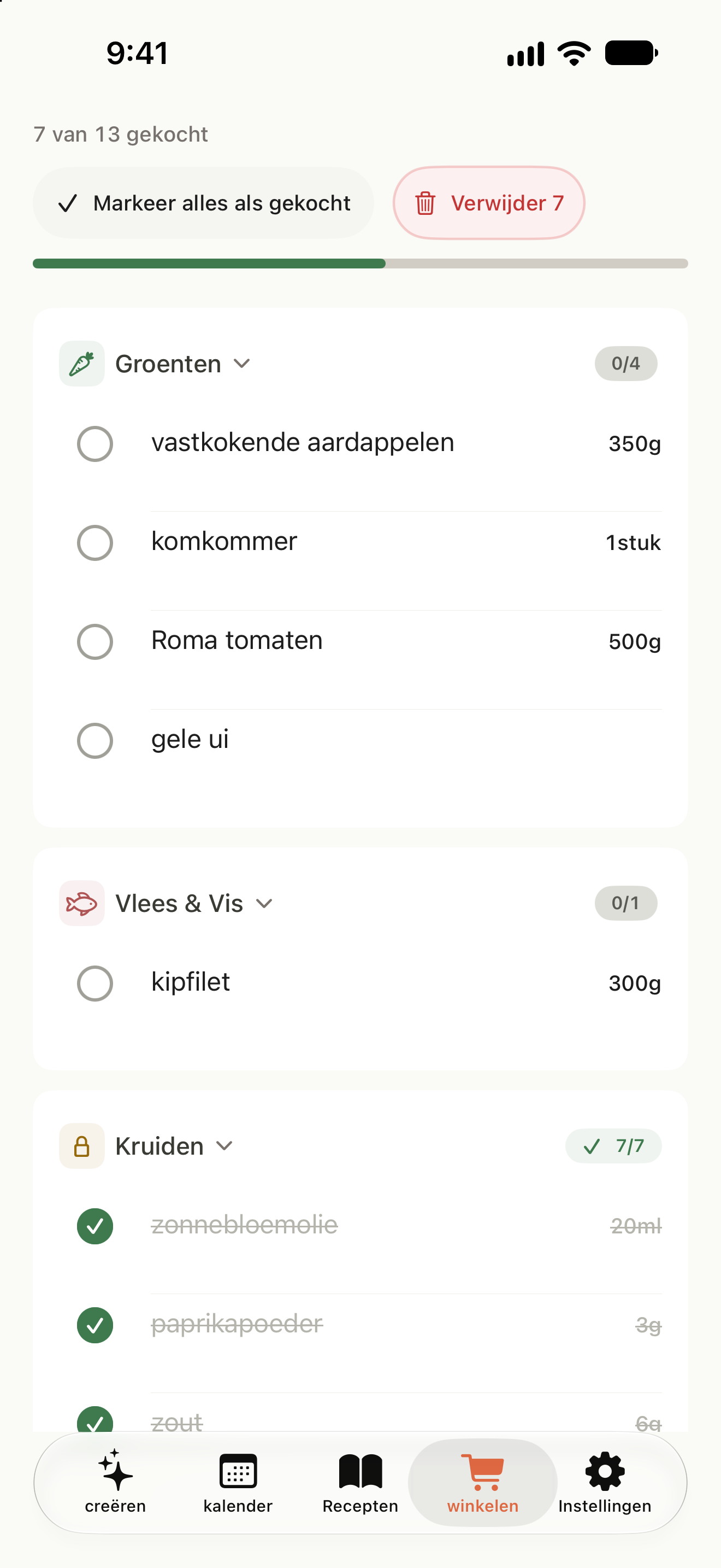 Boodschappenlijst met ingrediënten per categorie en afgevinkte aankopen