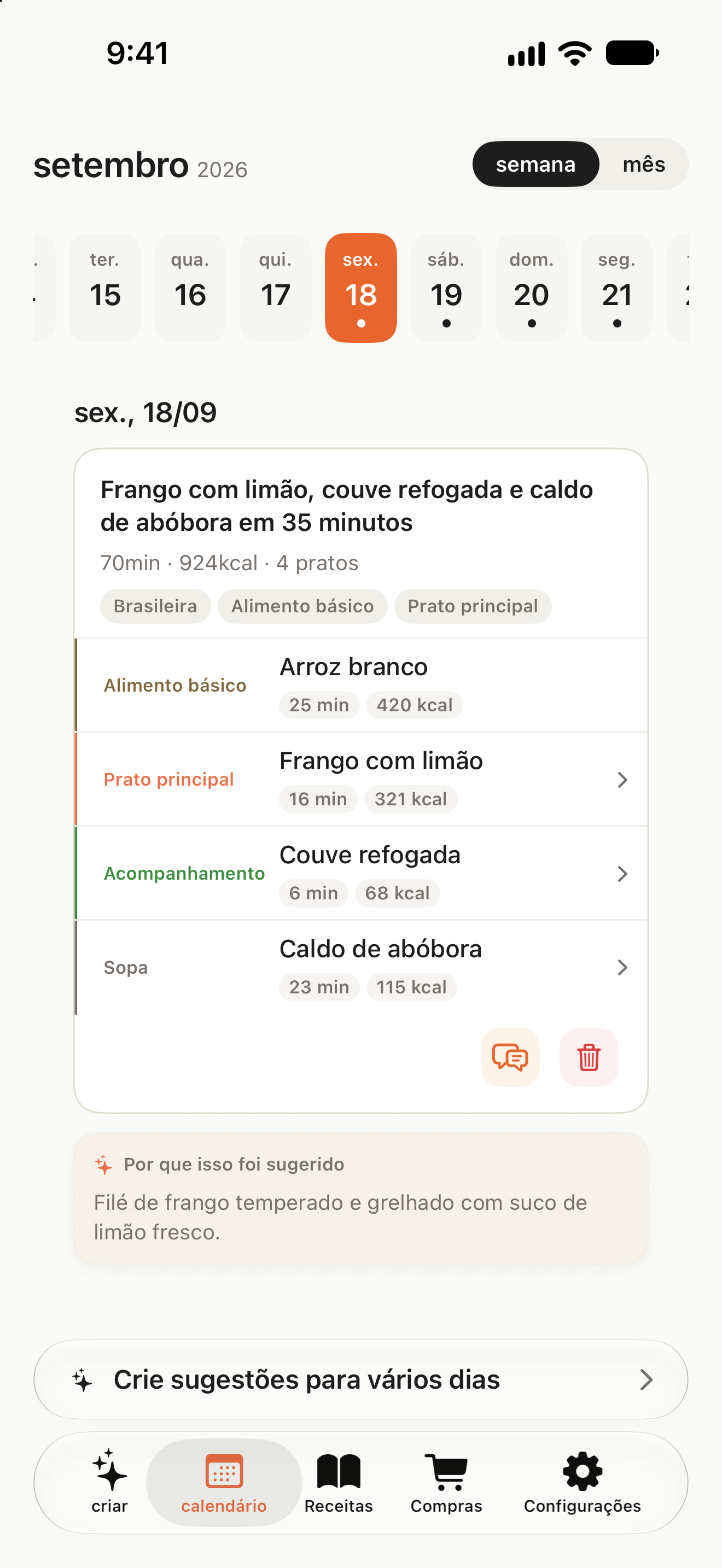 Calendário com cardápios por data e um botão para criar cardápios para vários dias