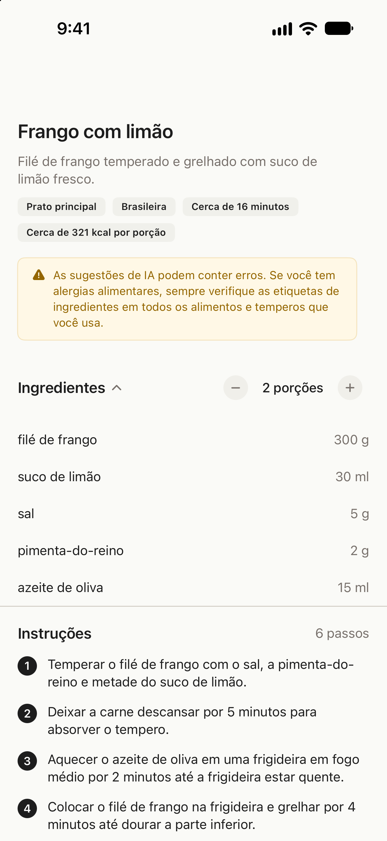 Receita com ingredientes, ajuste de porções e passos de preparação