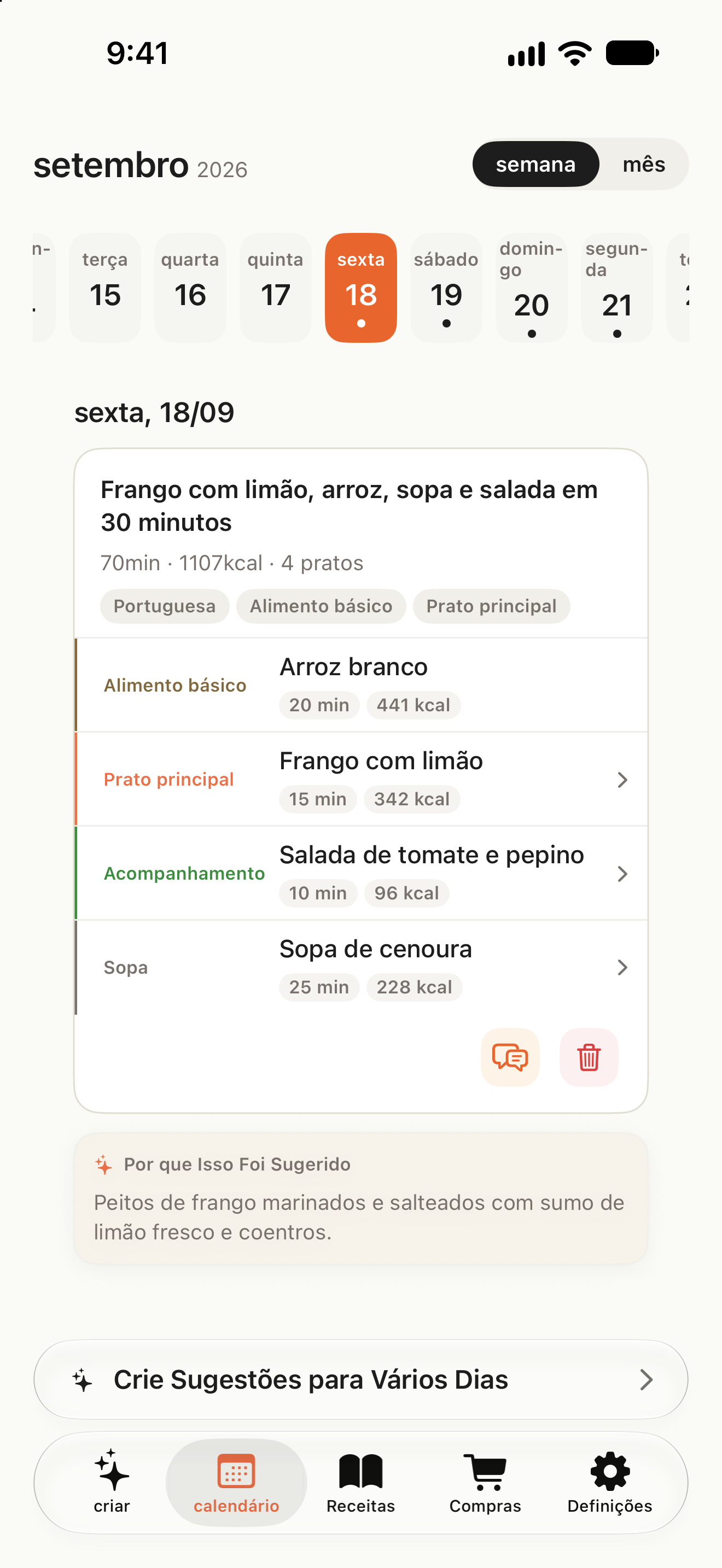 Calendário com ementas por data e um botão para criar ementas para vários dias
