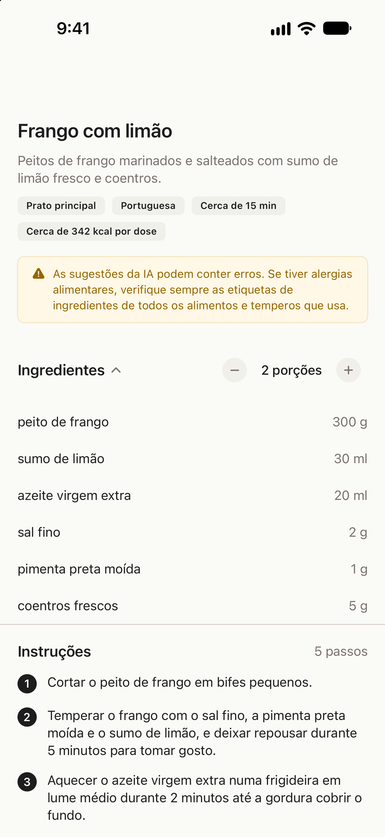 Receita com ingredientes, ajuste de porções e passos de preparação