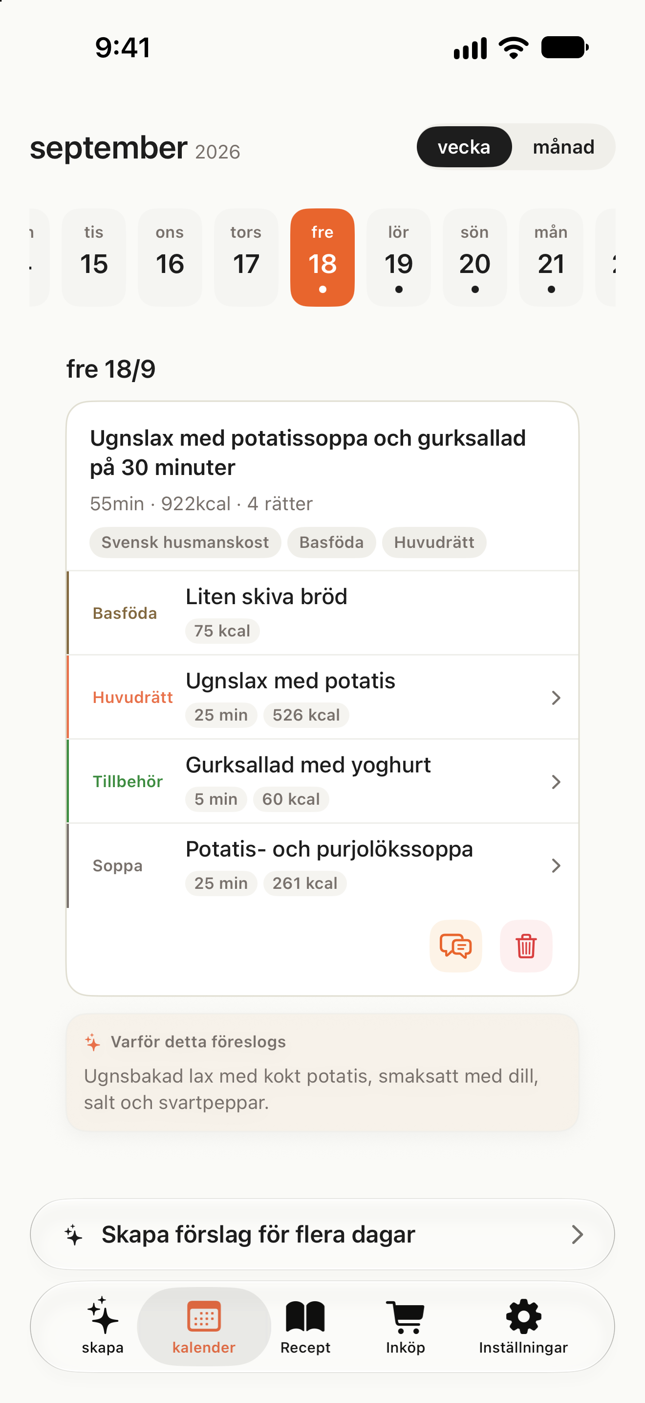 Kalender med måltider för varje datum och en knapp för att planera flera dagar