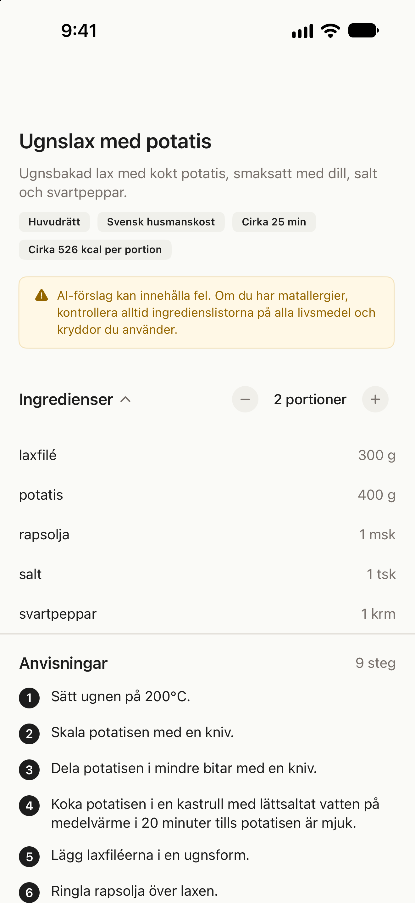 Recept med ingredienser, portionsval och tillagningssteg