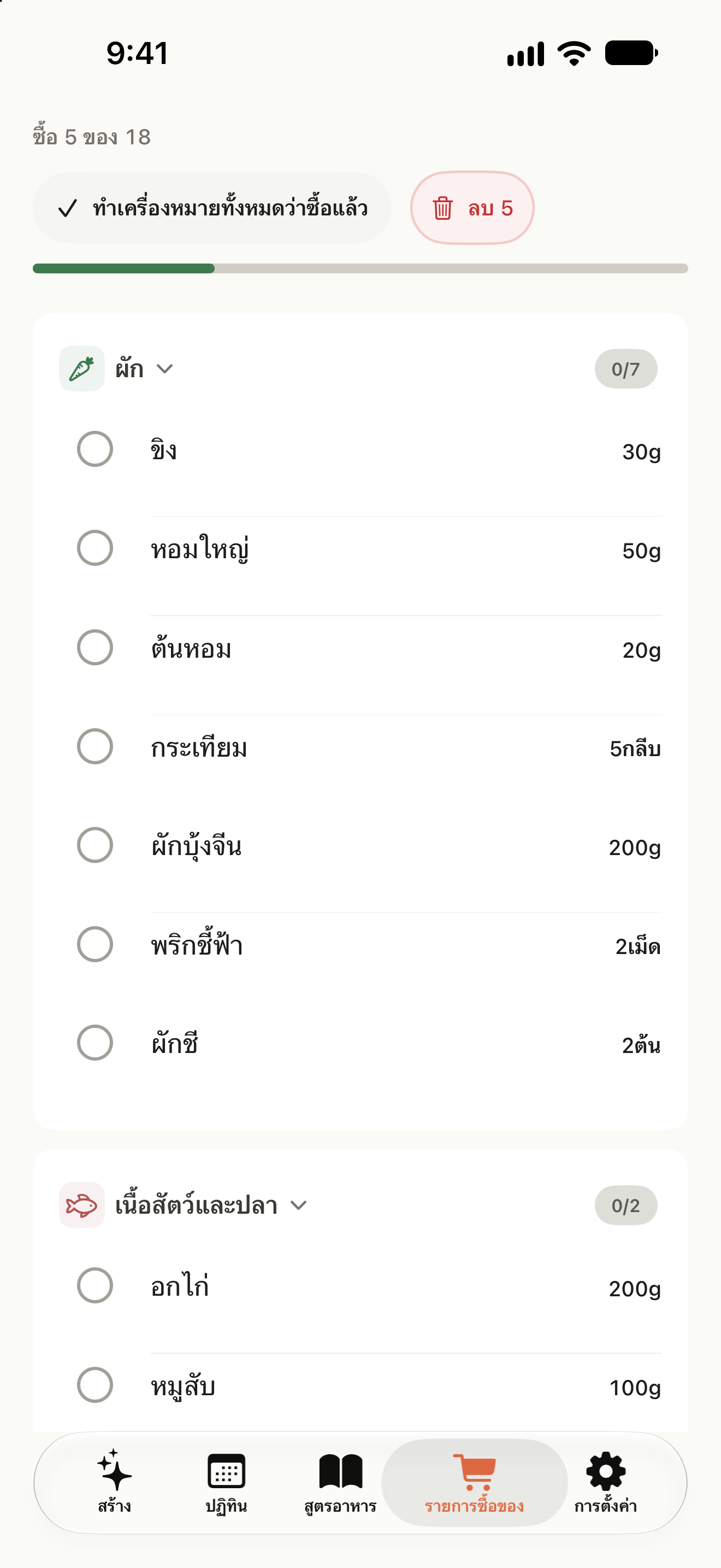 รายการซื้อของแยกตามหมวดหมู่ พร้อมเครื่องหมายถูกที่วัตถุดิบที่ซื้อแล้ว