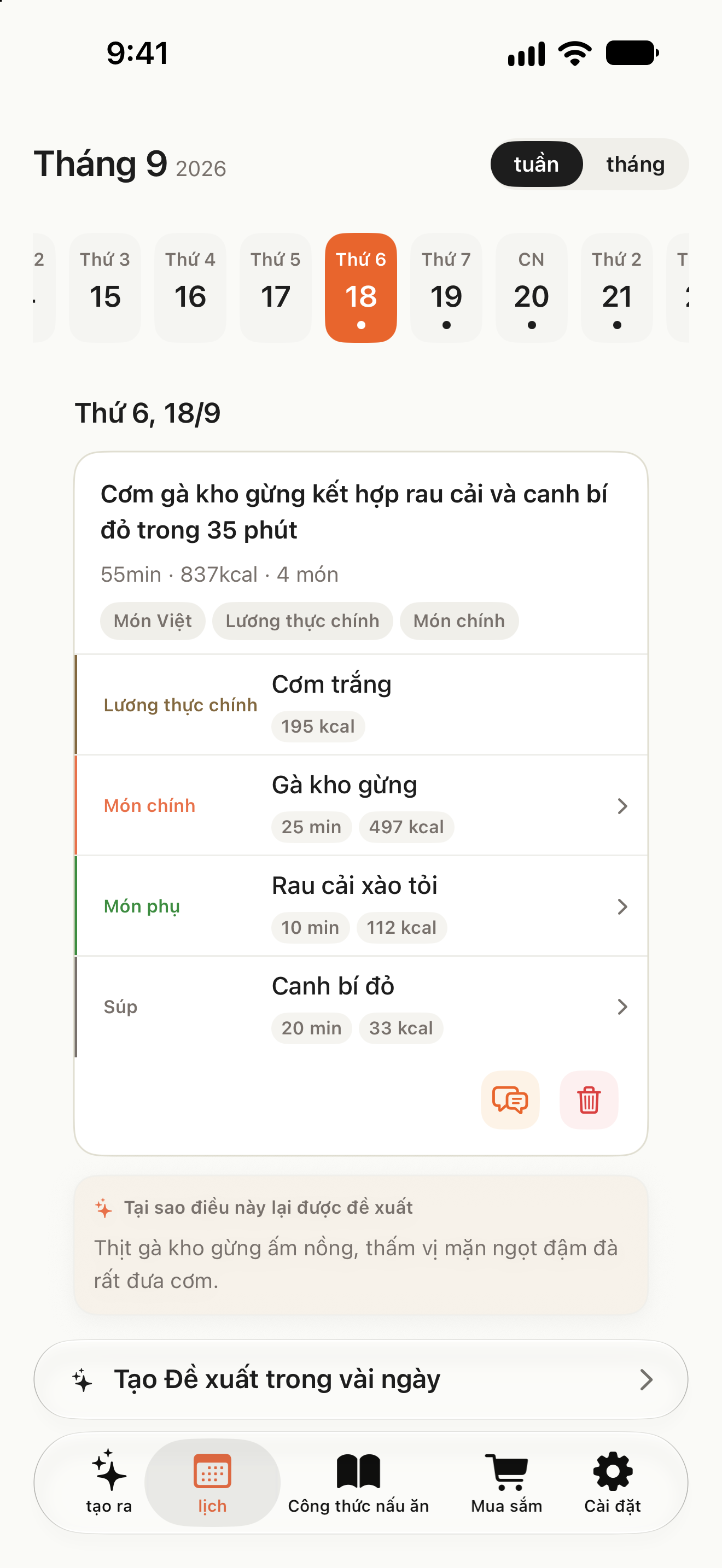 Lịch hiển thị thực đơn theo ngày và nút tạo thực đơn cho nhiều ngày
