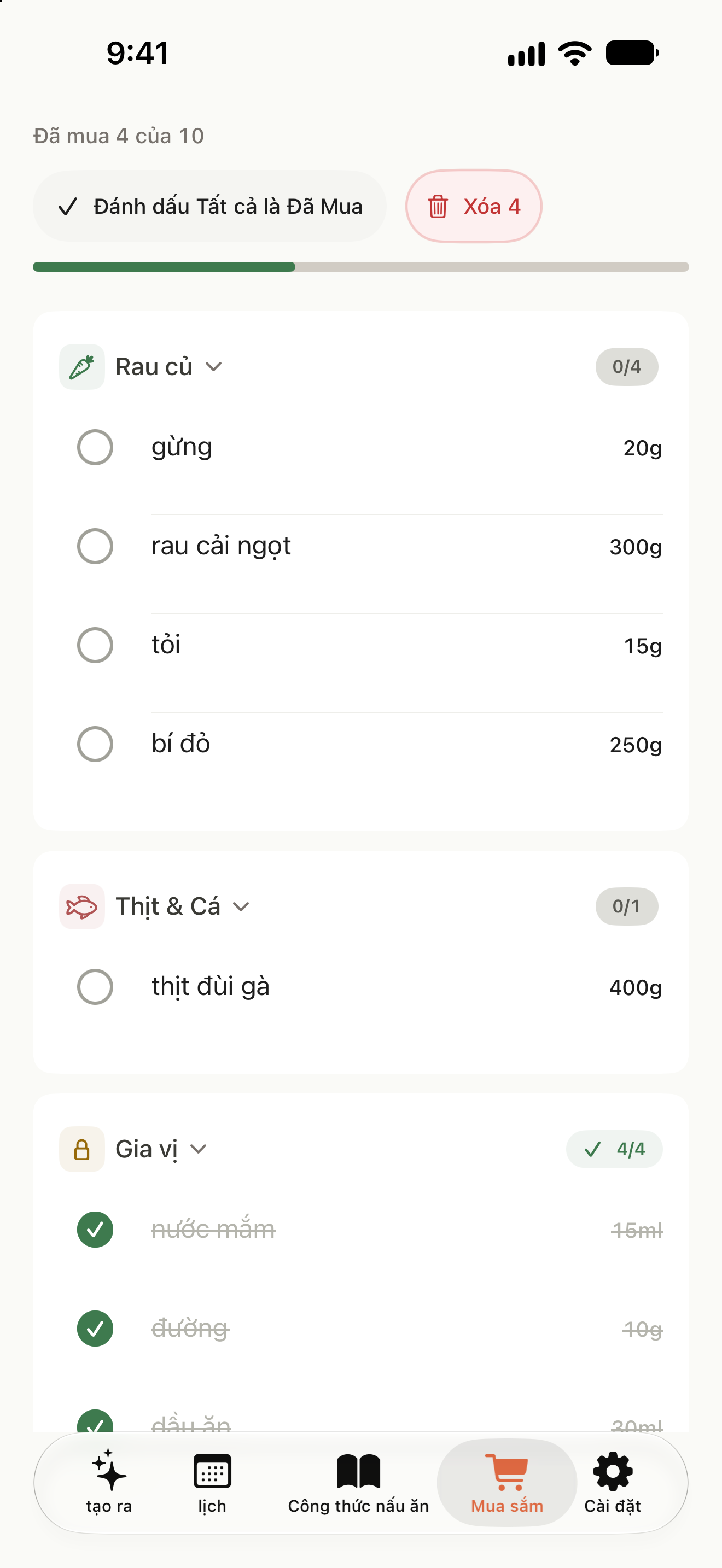 Danh sách mua sắm theo nhóm, với dấu tích ở các nguyên liệu đã mua
